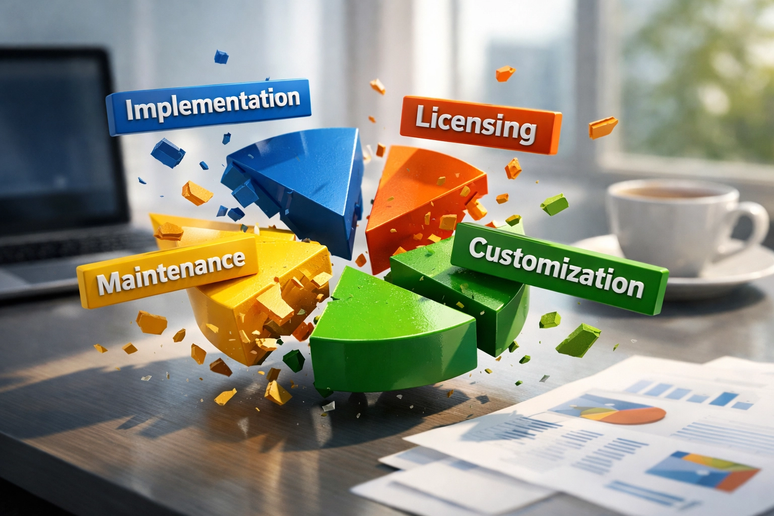 ServiceNow cost breakdown pie chart showing implementation, licensing, customization and maintenance fees