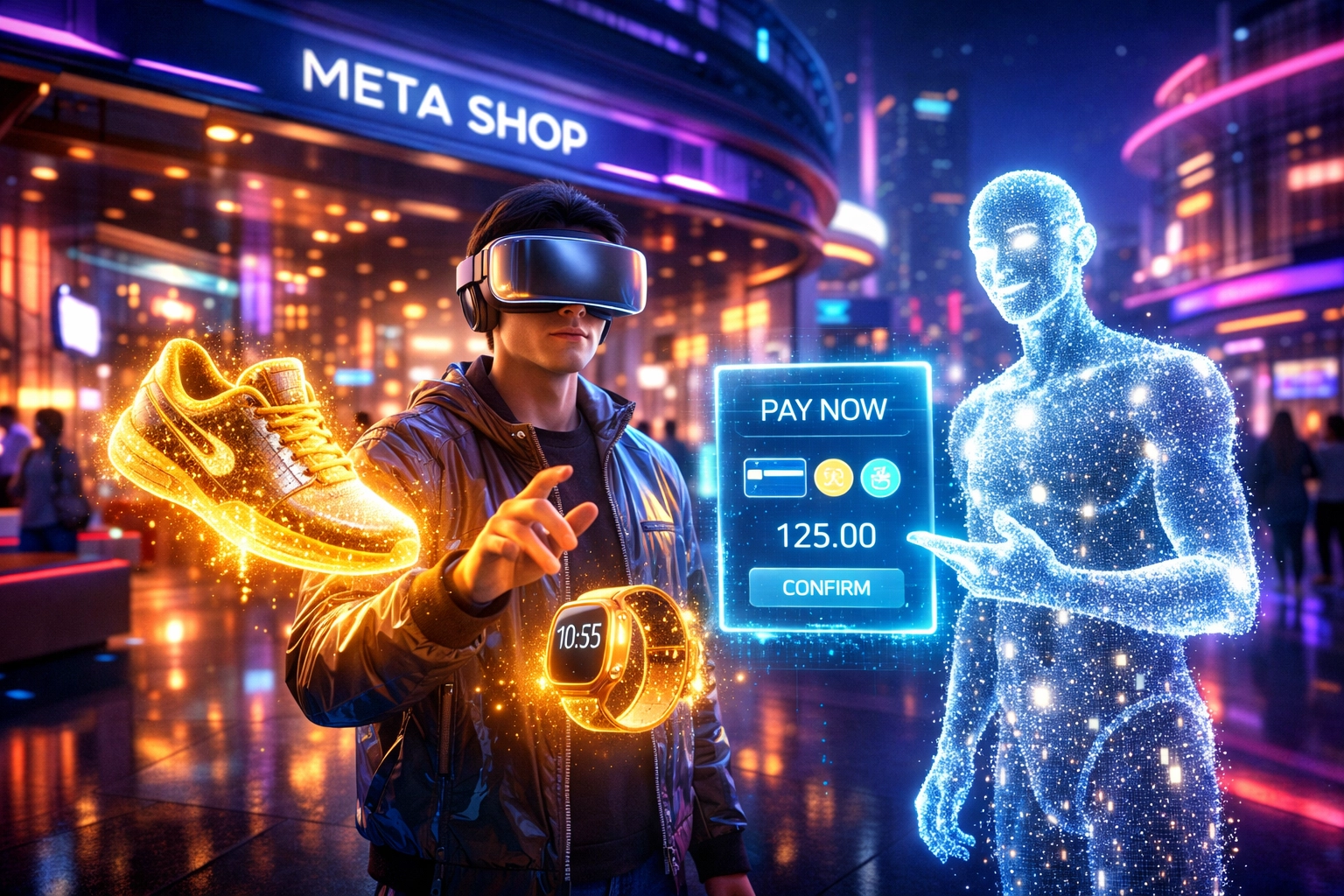 Seamless metaverse crypto payment checkout with an AI assistant and VR headset user in a digital storefront.
