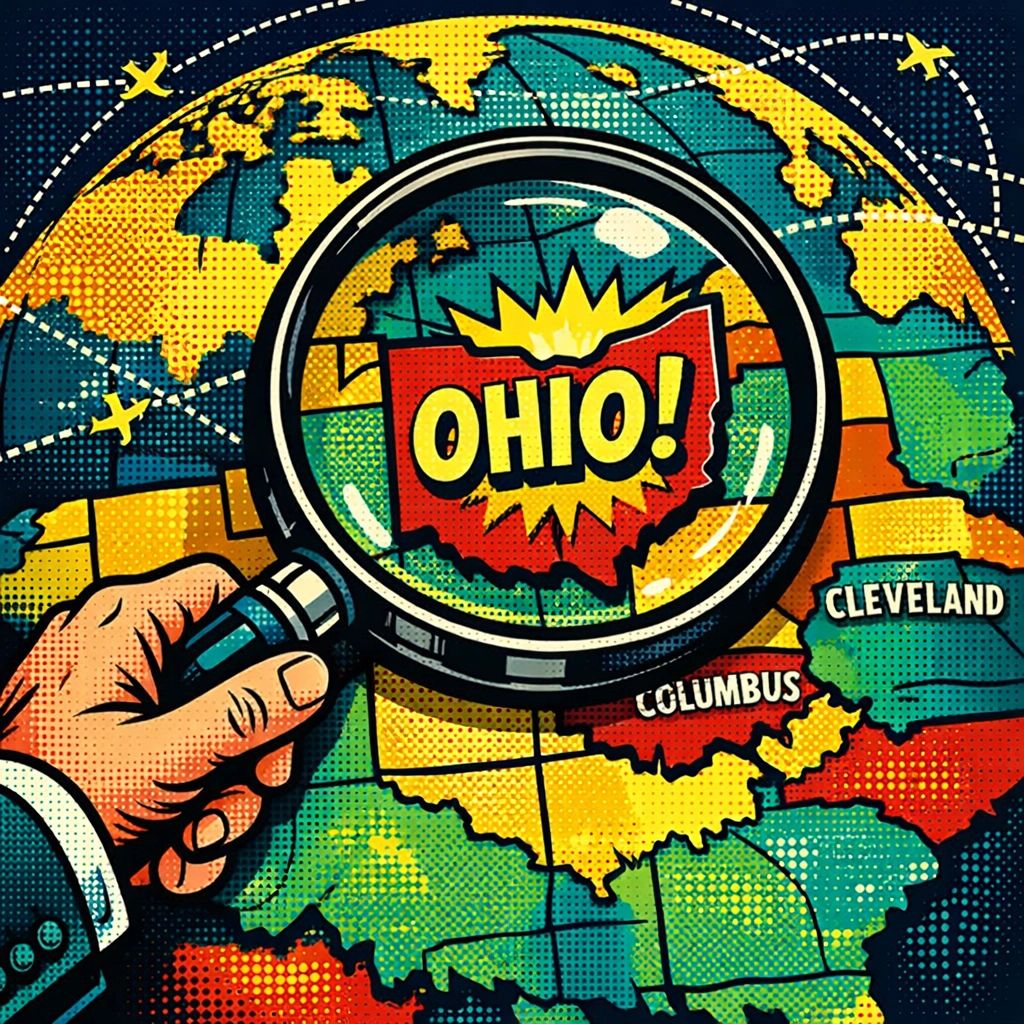 Magnifying glass over an Ohio map highlighting opportunities for real estate investing in Cleveland