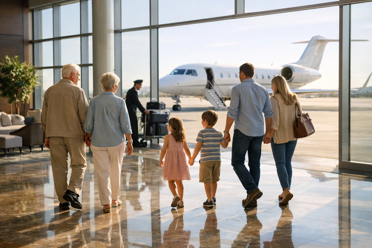 Family walking through private aviation terminal toward luxury jet on tarmac