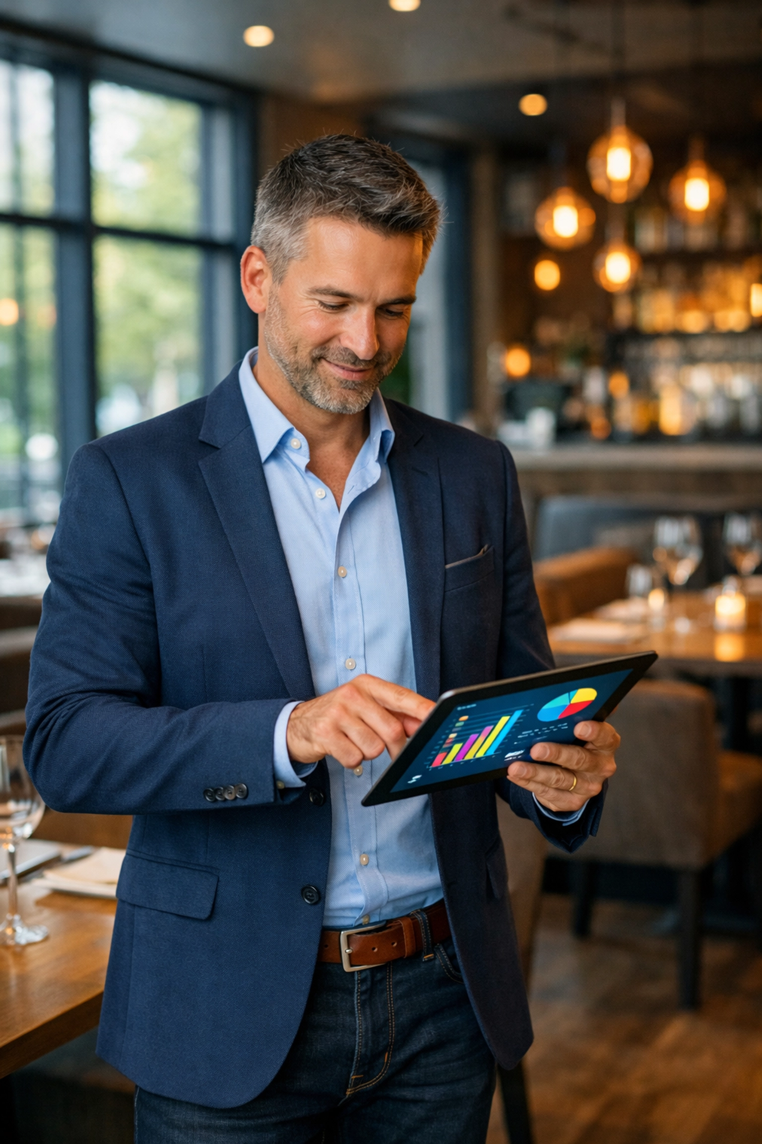 Restaurant manager reviewing real-time analytics and reports on tablet in dining area
