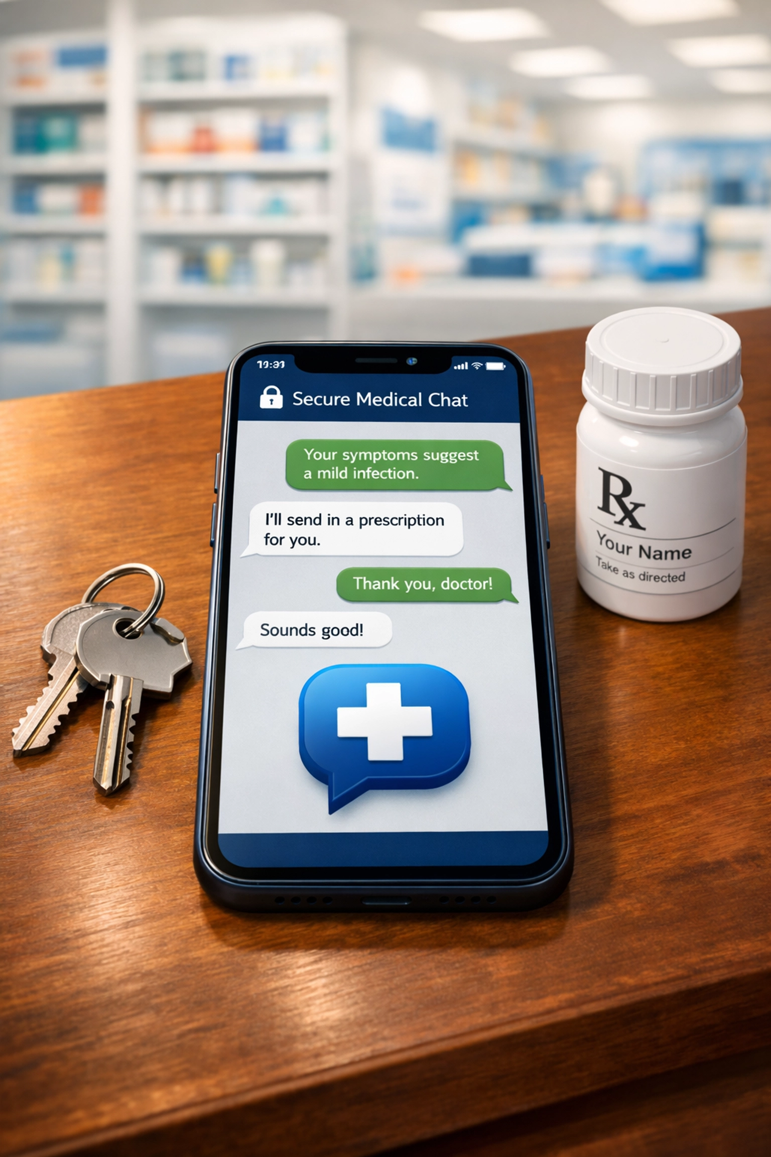 Secure medical messaging on a smartphone for a $39.99 urgent care visit and quick prescription pickup.