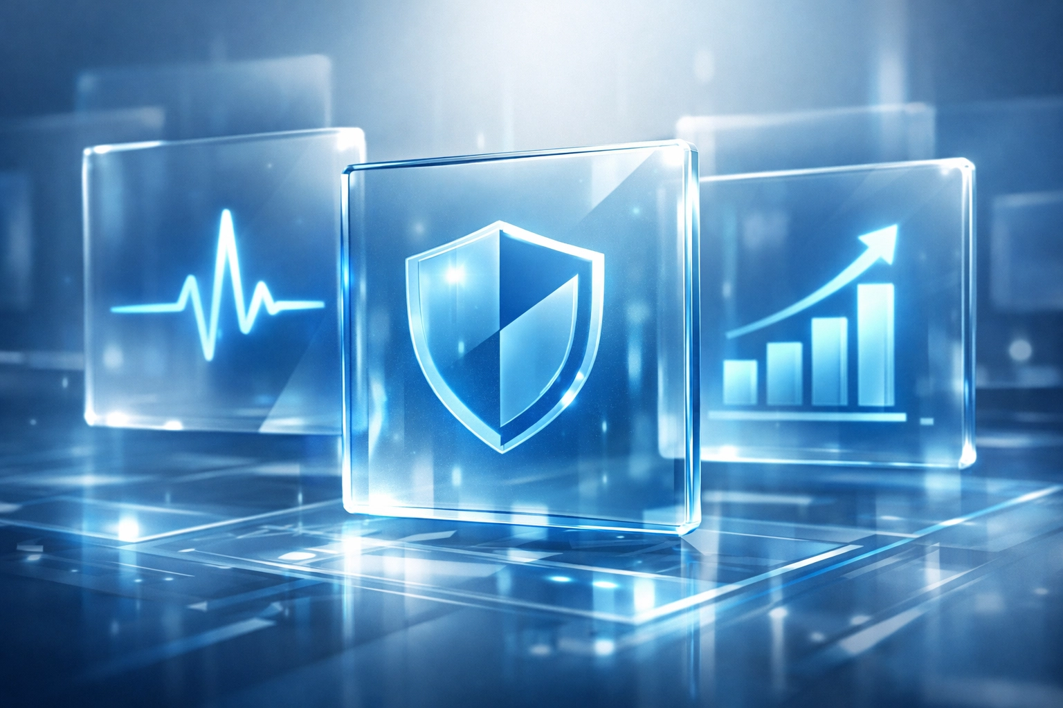 Digital icons representing specialized software solutions for healthcare, security, and fintech industries.