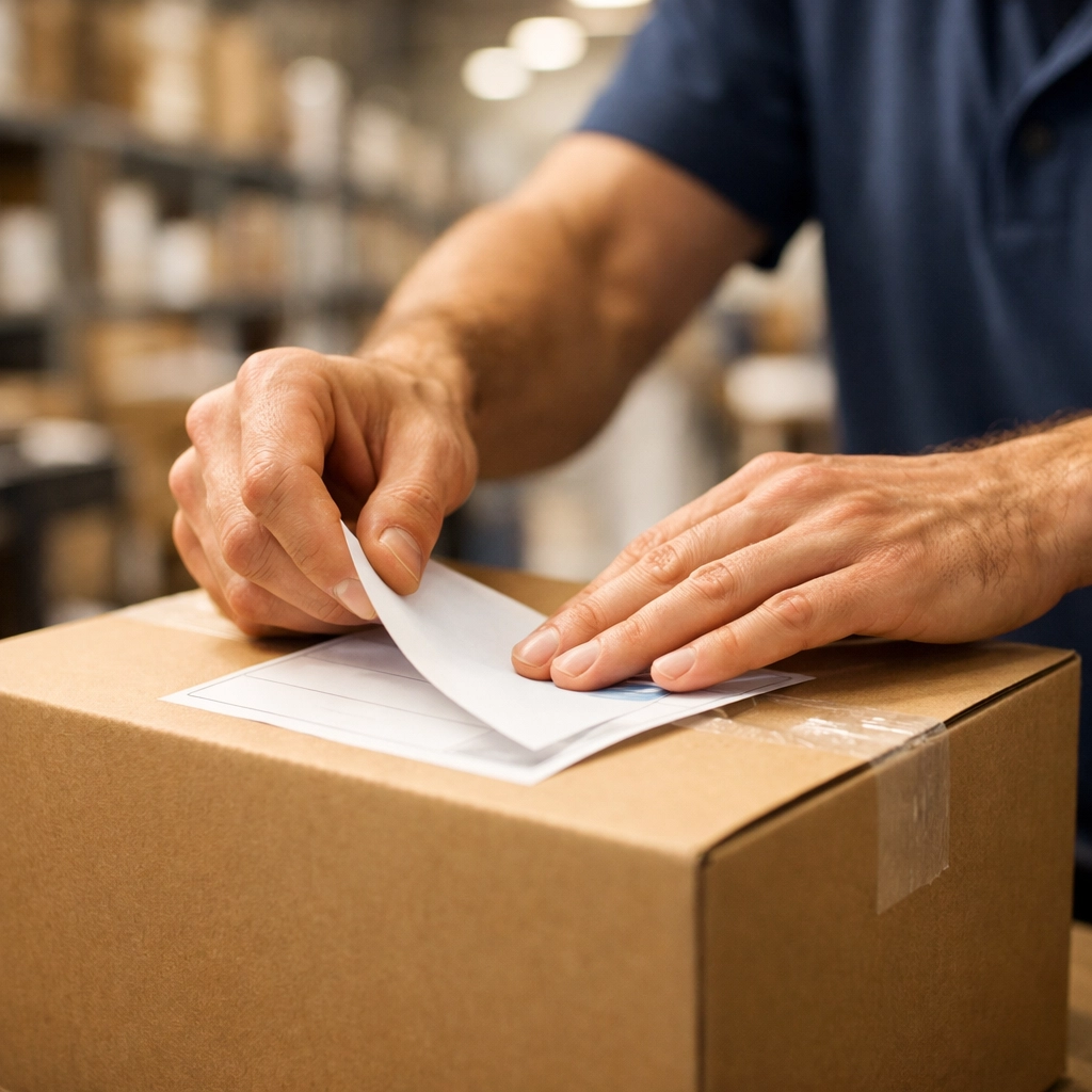 A worker labeling a package in a fulfillment center to meet TikTok Shop same day shipping deadlines.