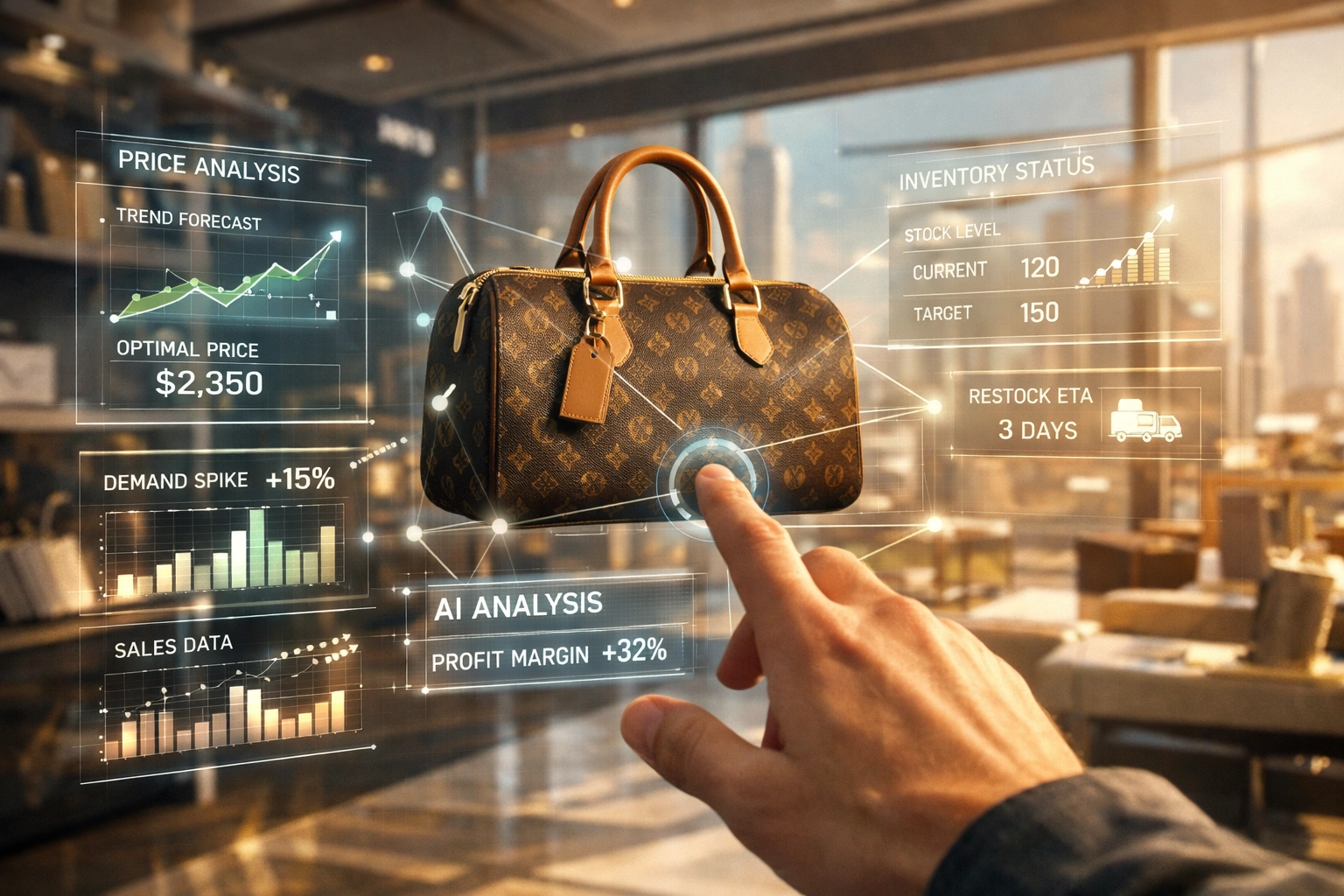 Immersive AR shopping experience with real-time AI data for inventory and price optimization in the metaverse.