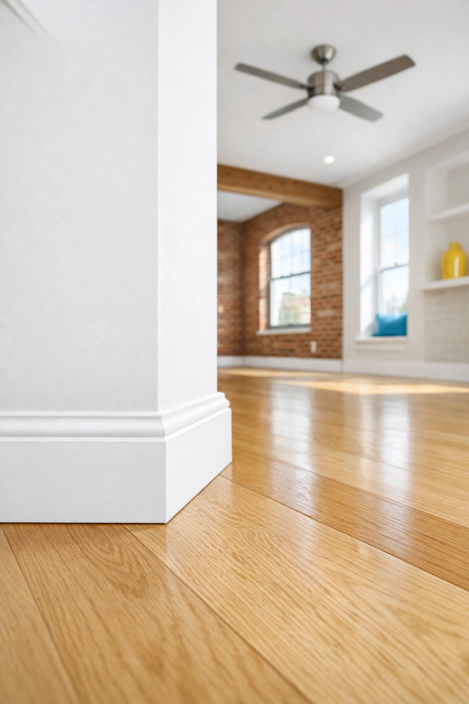Professional house cleaning Worcester MA featuring clean baseboards and wood floors in a sun-drenched loft.