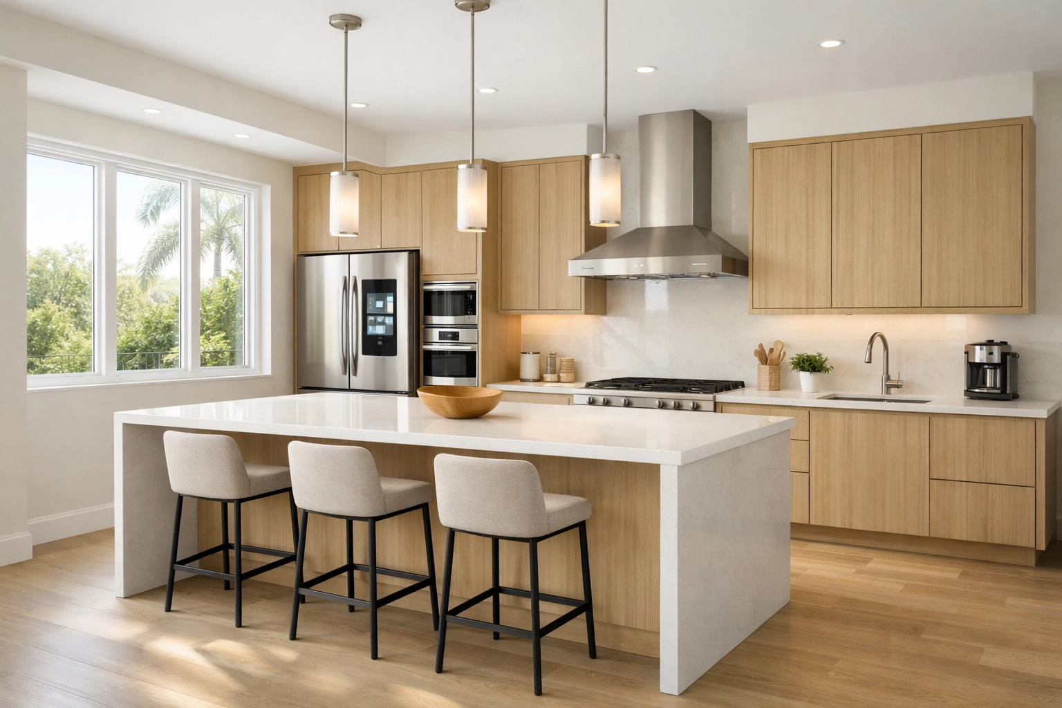 Modern kitchen remodel in Orlando featuring quartz countertops, light oak cabinets, and energy-efficient appliances.