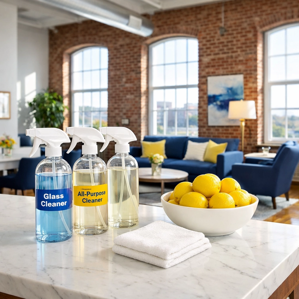 Eco-friendly green cleaning services Lowell MA using non-toxic products in a modern loft kitchen.