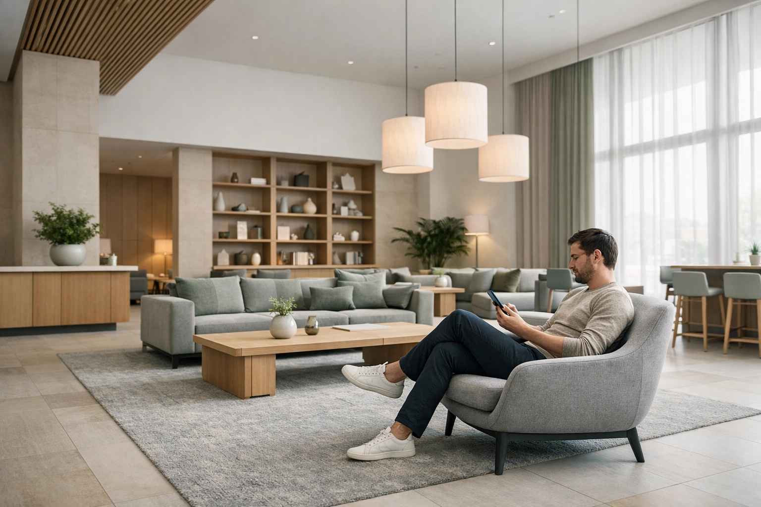 A guest relaxes in a modern, tech-enabled hotel lobby using a mobile device for seamless interaction.
