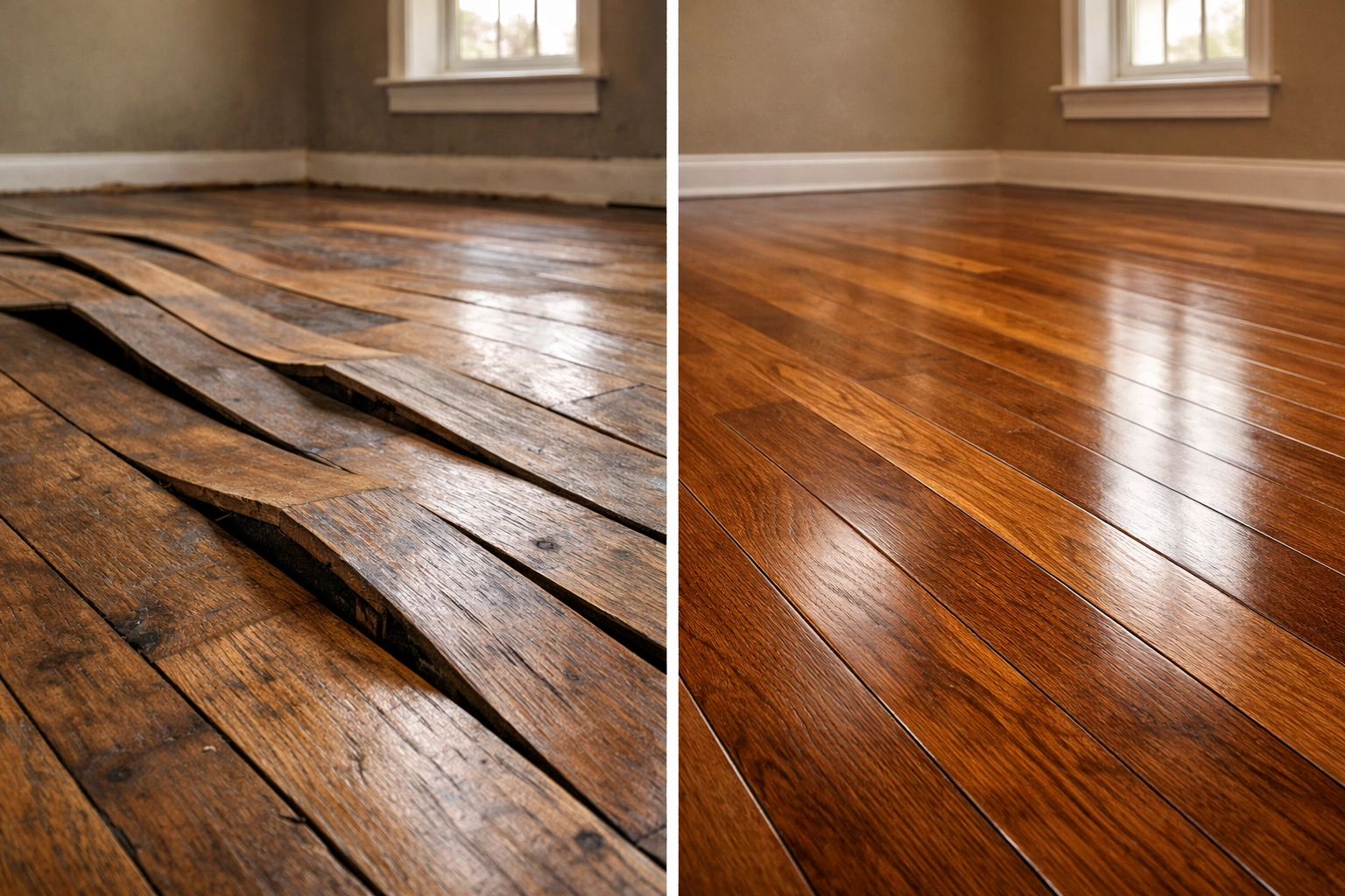 Comparison of warped hardwood floor from DIY drying versus professionally restored floor
