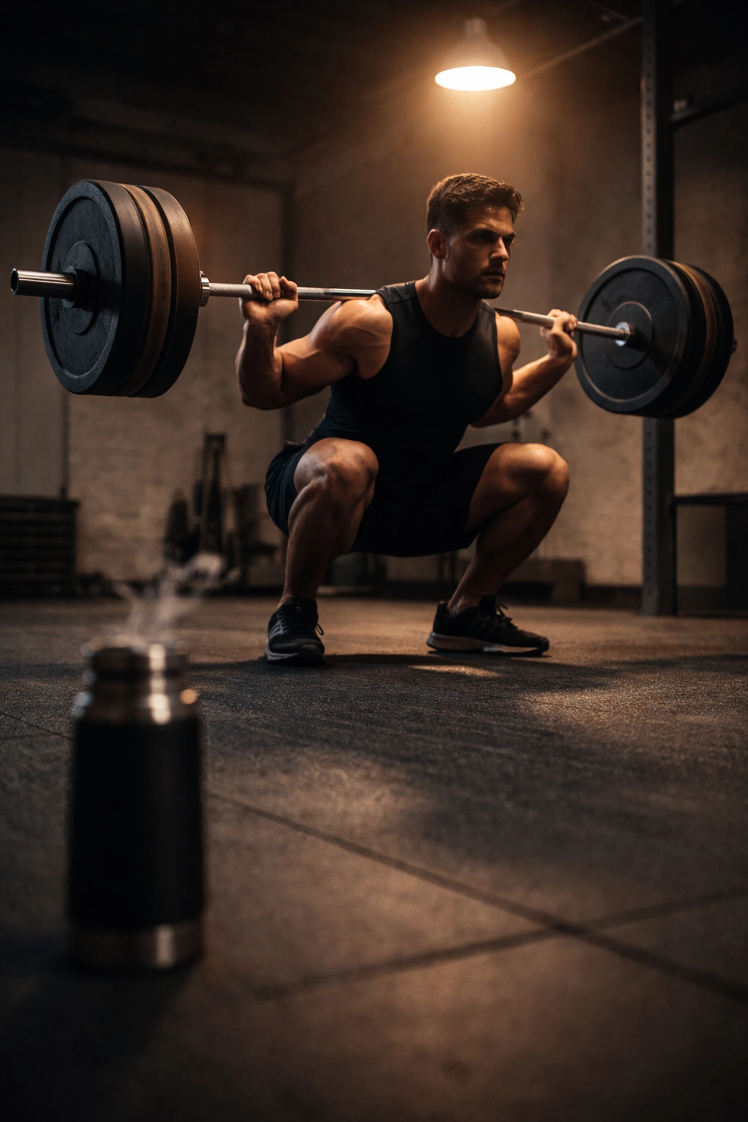 Lifter performing early morning barbell squat with thermos of coffee in industrial gym