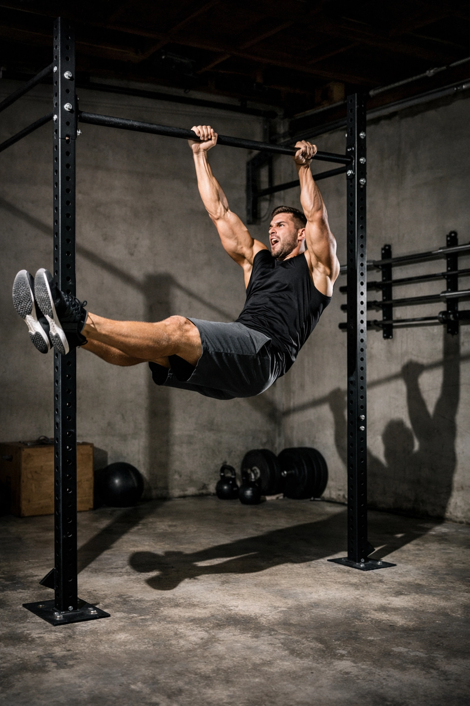 Athlete performing kipping pull-up on floor-to-ceiling bar with full clearance and movement freedom