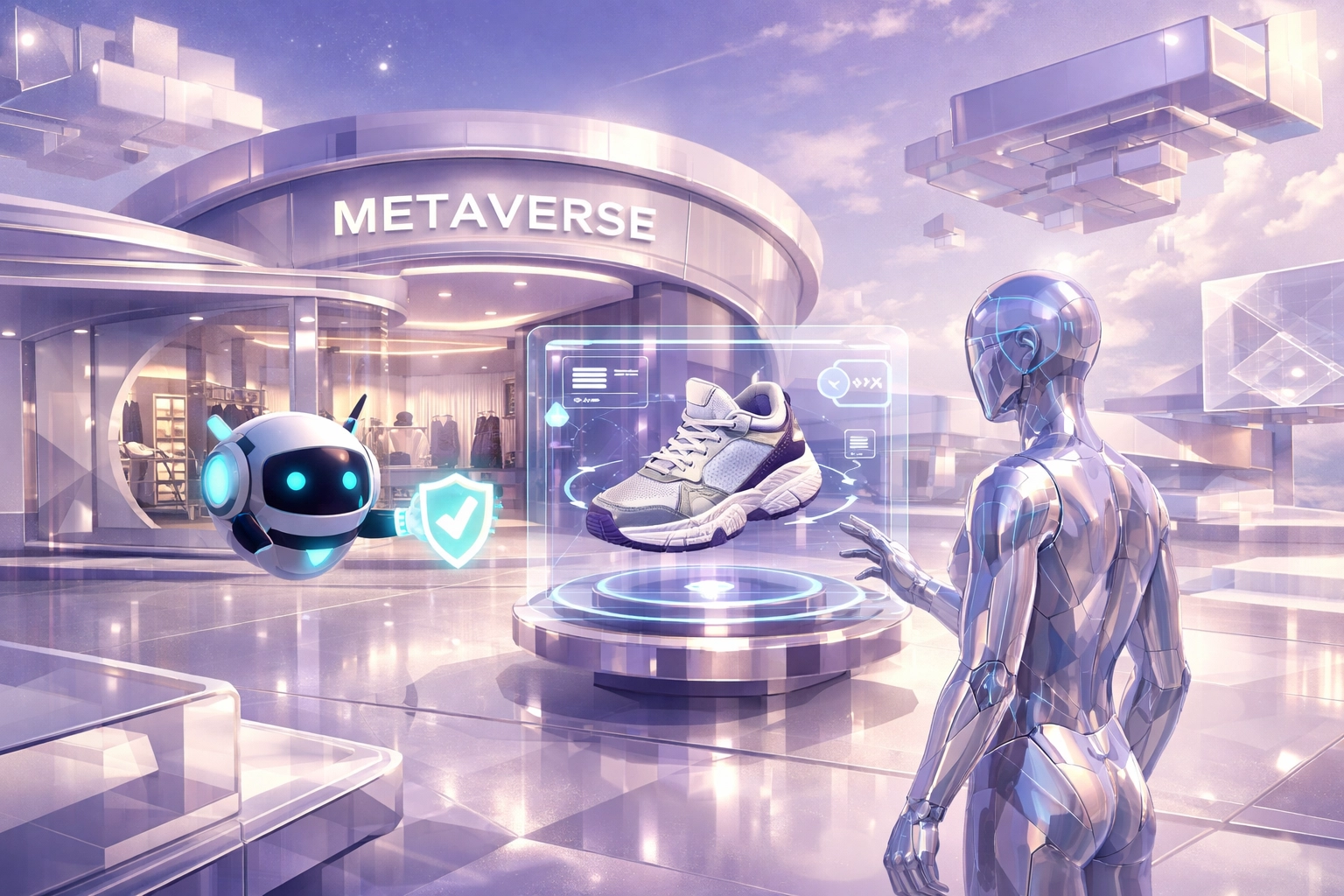 A secure AI shopping assistant protecting a virtual storefront in the metaverse.