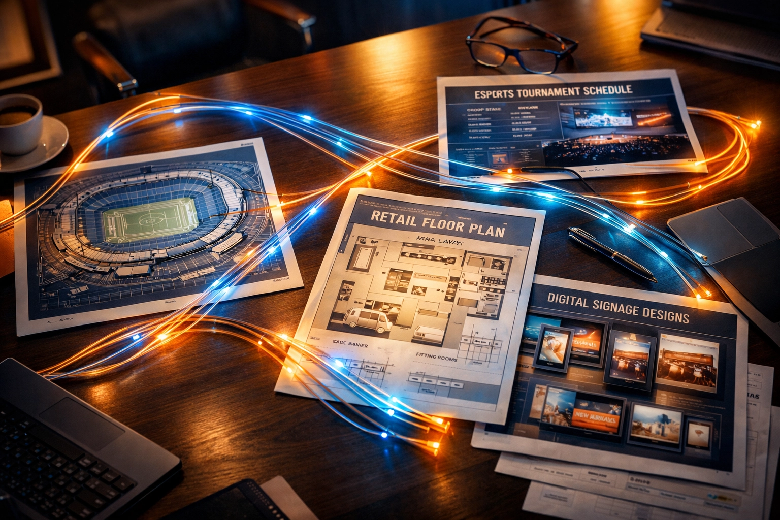 Cross-industry media strategy documents connected by technology infrastructure for brand partnerships