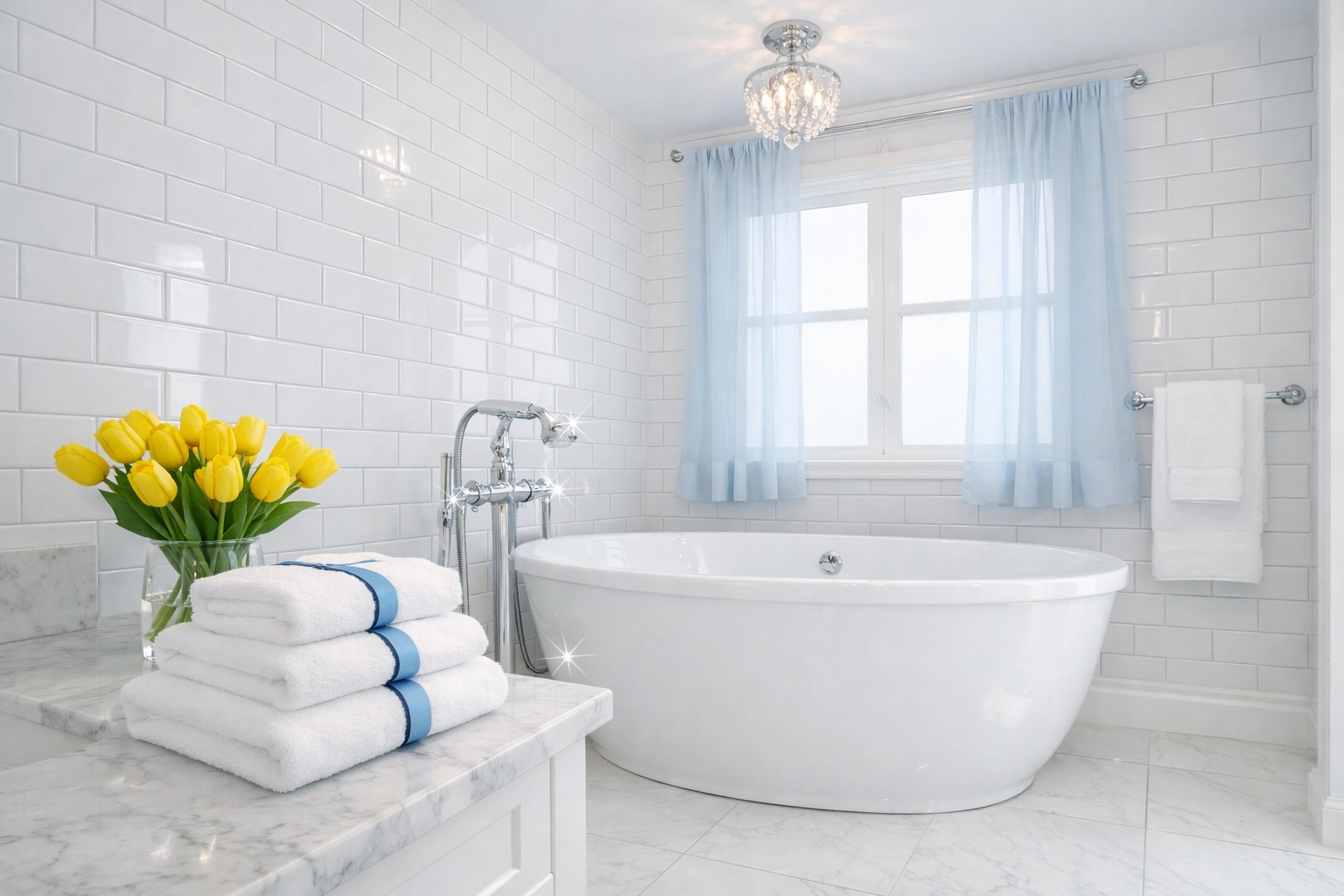 Sparkling master bathroom with clean white tiles and polished fixtures after deep cleaning in Franklin.