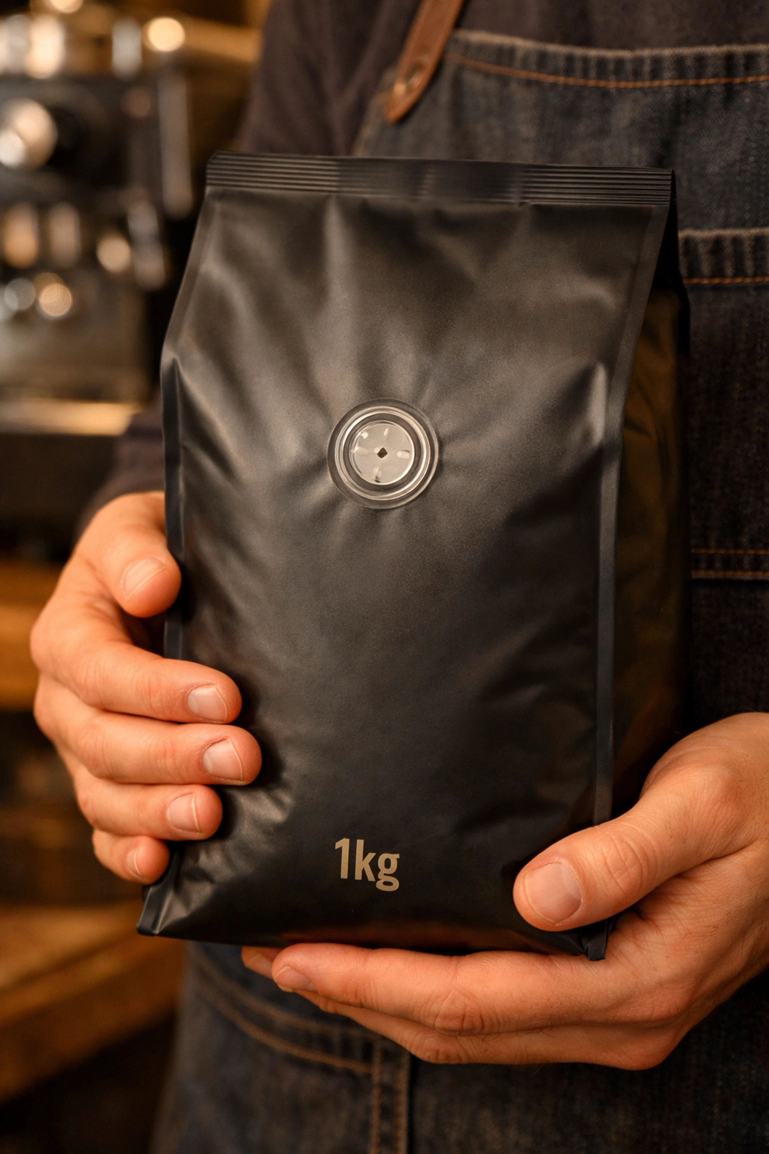 Close-up of a one-way degassing valve on a 1kg specialty coffee bag to ensure maximum freshness.