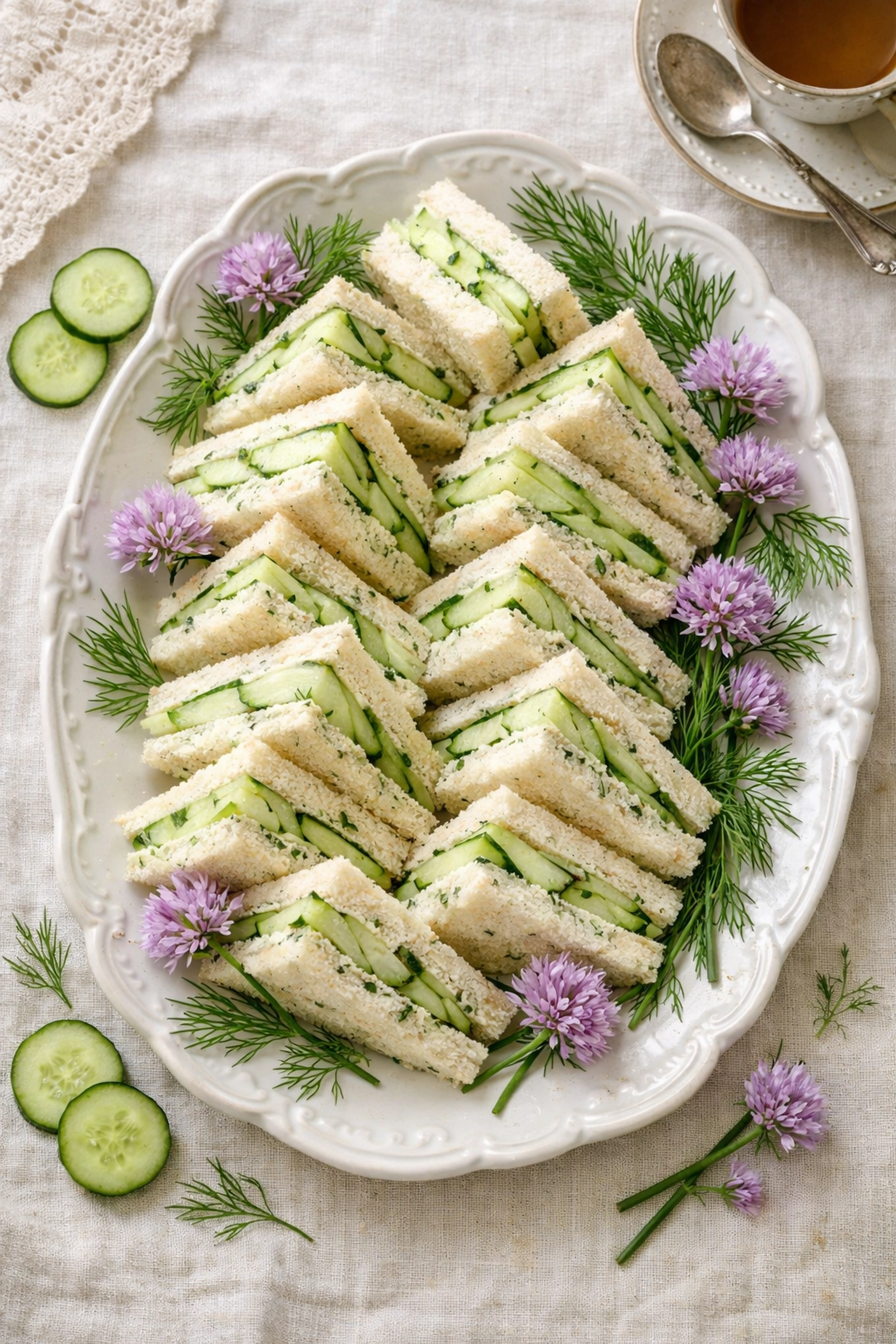 Platter of cucumber and herbed butter tea sandwiches cut into elegant triangles