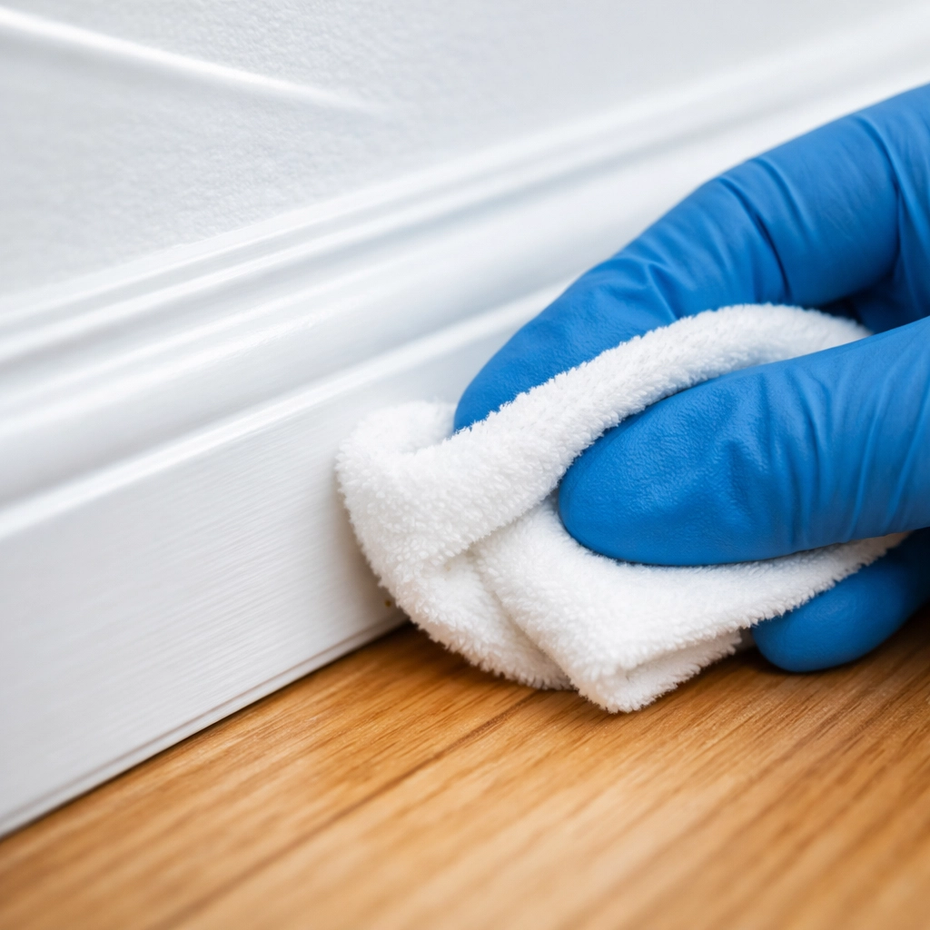 Meticulous hand-wiping of white baseboards during a professional Deep Cleaning in Wellesley MA.