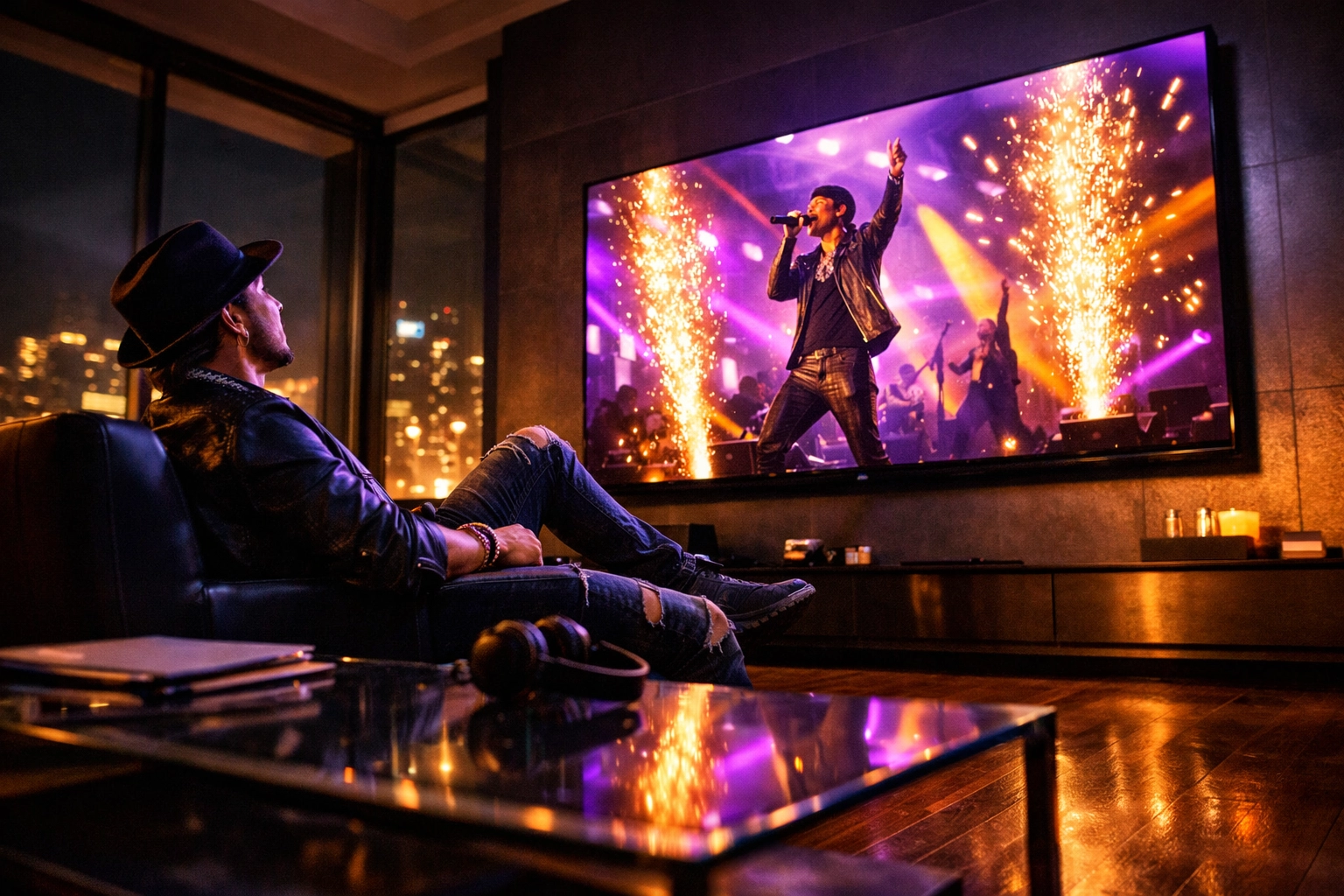Independent artist viewing their high-definition music video on a living room TV to build brand authority.