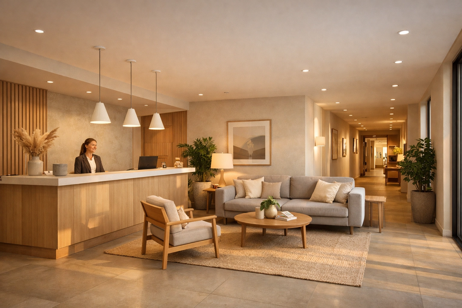 Modern hotel lobby showcasing integrated automated operations and guest areas