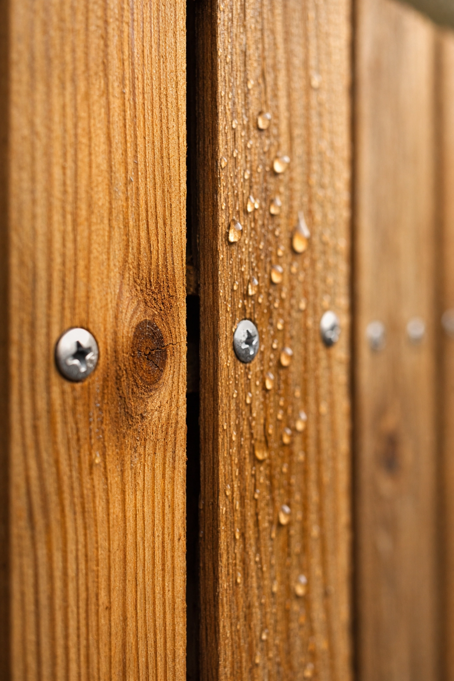 Close-up of properly spaced timber fence boards showing correct gap spacing and galvanized fixings