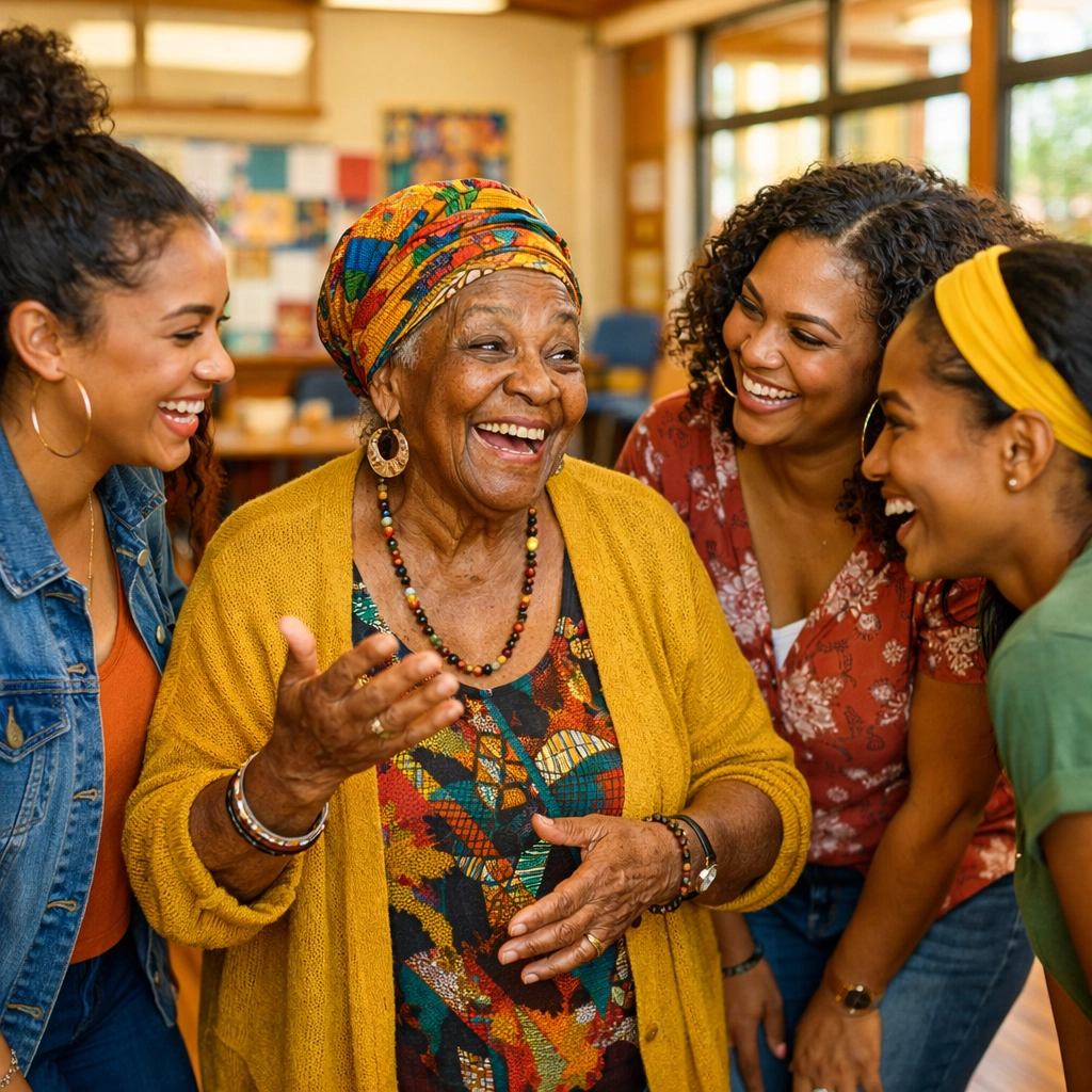 A group of Black women in a South Jersey community center sharing support and local resource information.