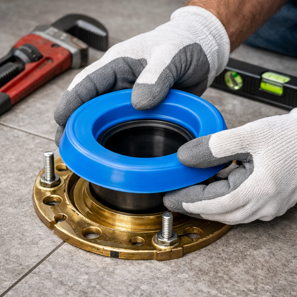 Expert plumber installing a durable wax-free seal on a toilet flange to ensure a leak-proof installation.