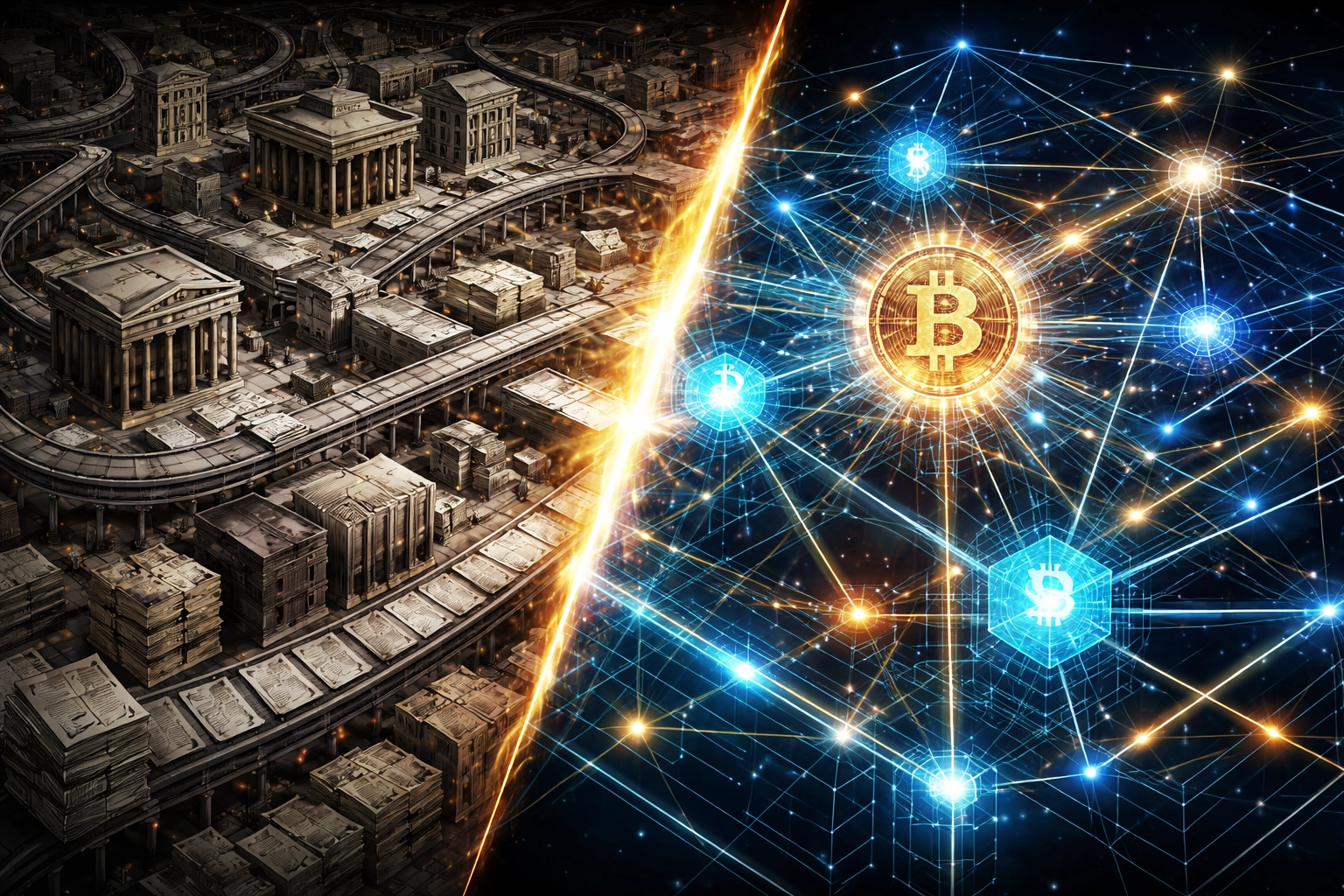 Illustration comparing slow legacy banks to fast, efficient blockchain payments for lower merchant fees.