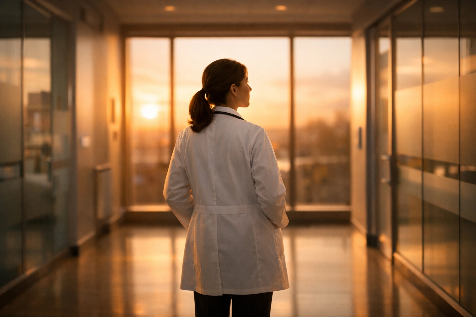 Female doctor in a sunlit clinic hallway exploring a loan for a medical clinic with bad credit.