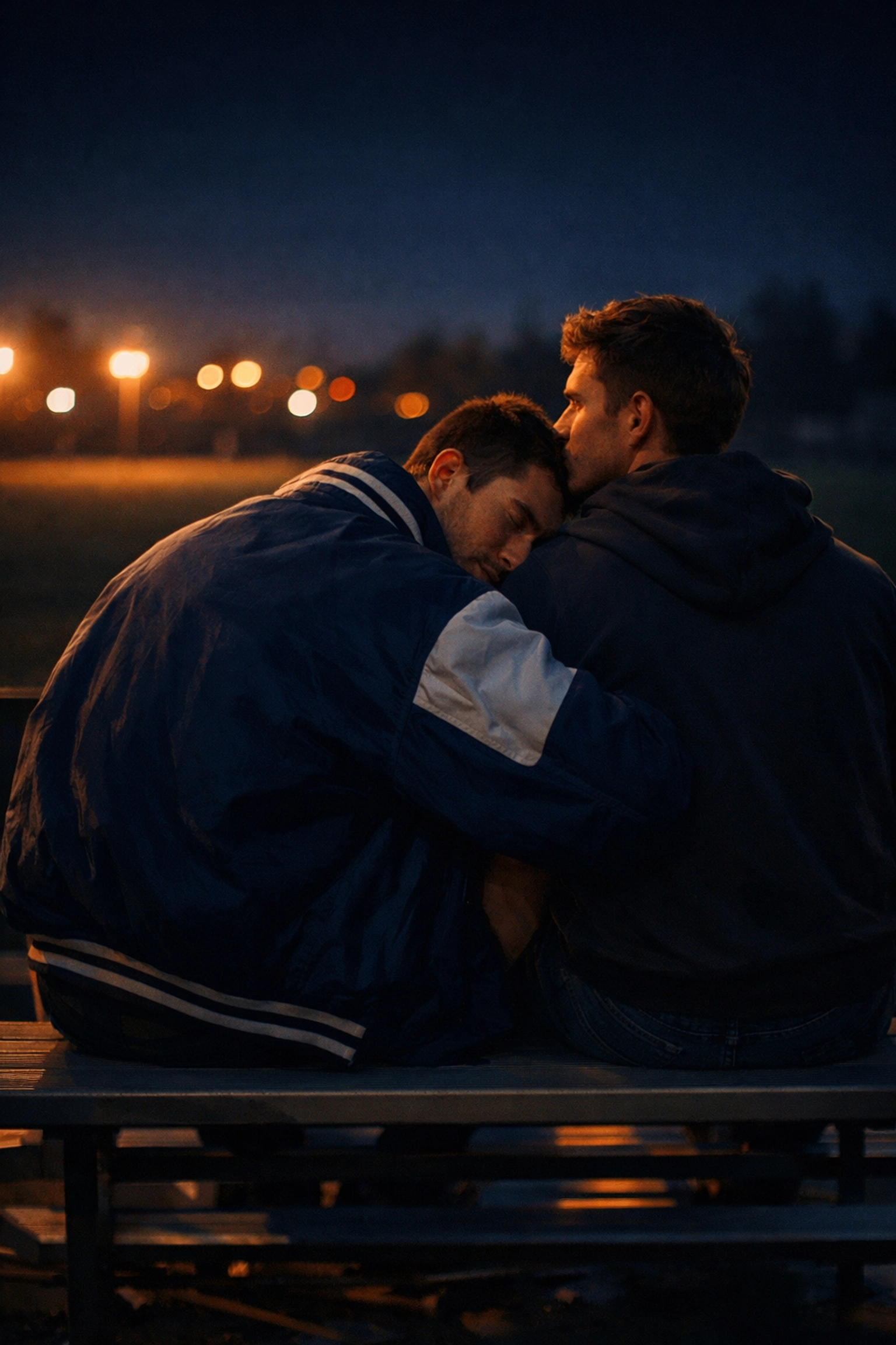 Two men sharing an intimate moment on stadium bleachers at night, highlighting the heart of sports-themed MM fiction.