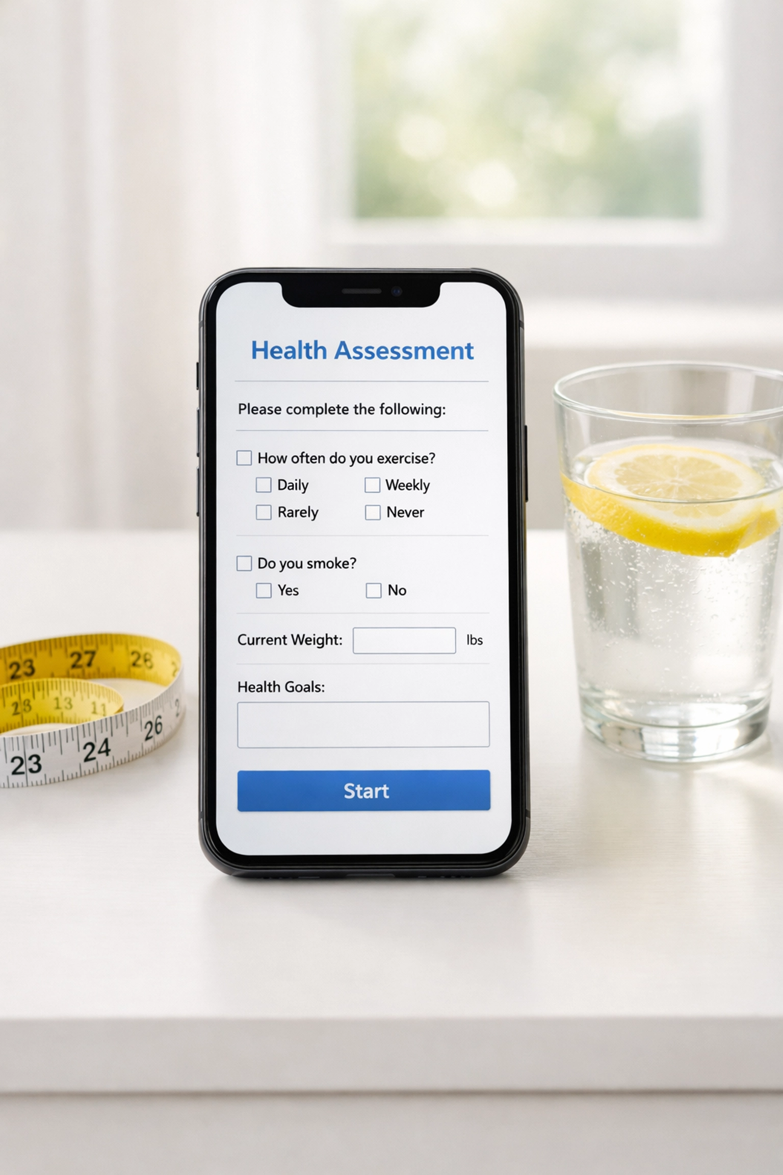 Weight loss assessment form on smartphone with measuring tape for BMI calculation