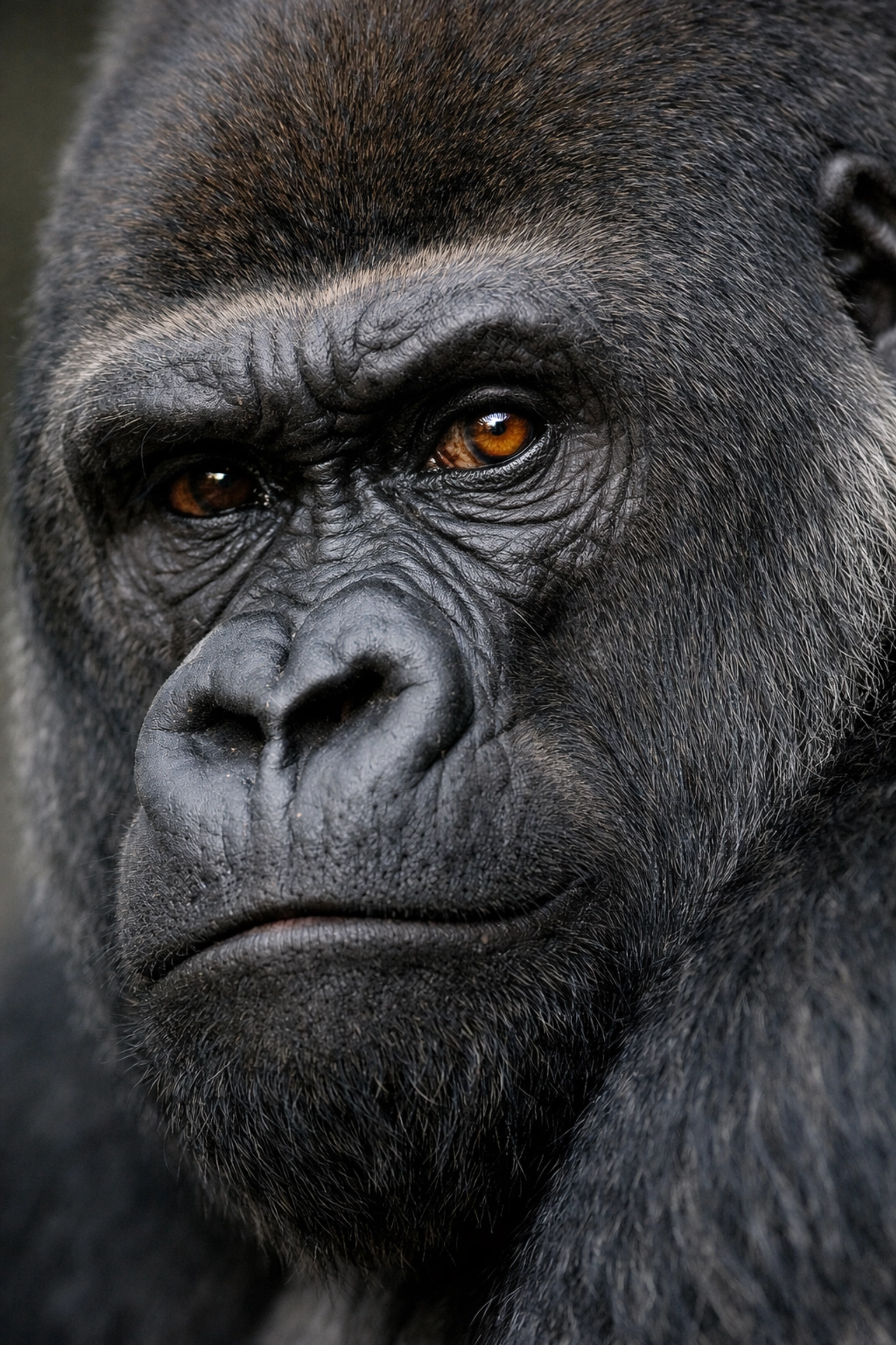 Sharp eye-level portrait of a Silverback Gorilla showcasing detailed eye focus and texture.