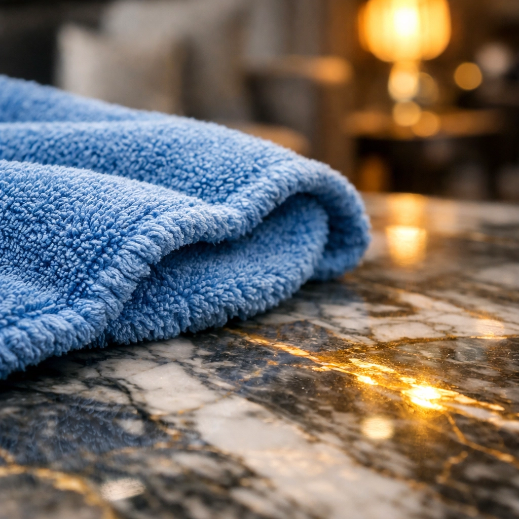 Soft blue microfiber cloth on a polished marble surface for scratch-free cleaning and buffing.