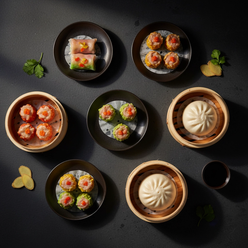 Frische Dim Sum im Bambuskorb, asiatisches Geschirr, Dampf steigt auf