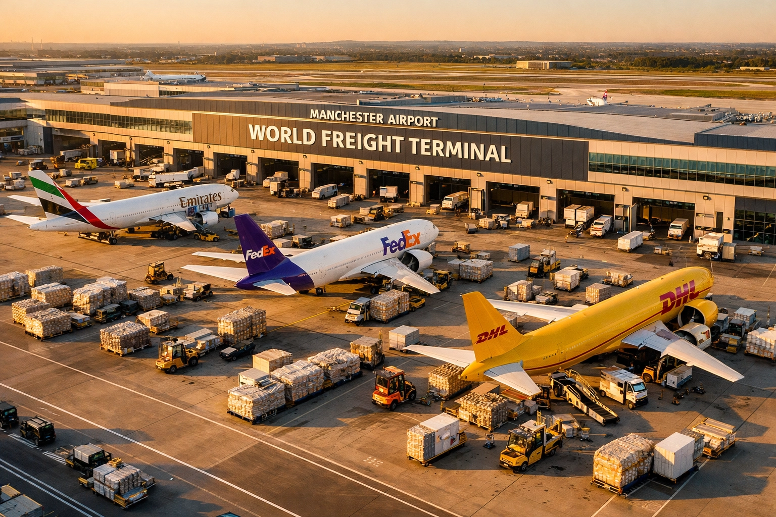 Manchester Airport cargo terminal with aircraft and freight containers at World Freight Terminal