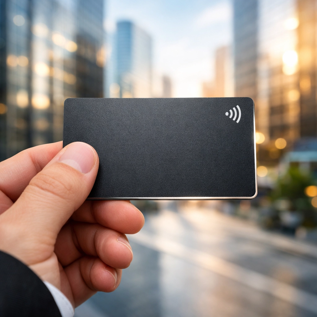 A professional holding a sleek digital business card in a busy city business district for modern networking.