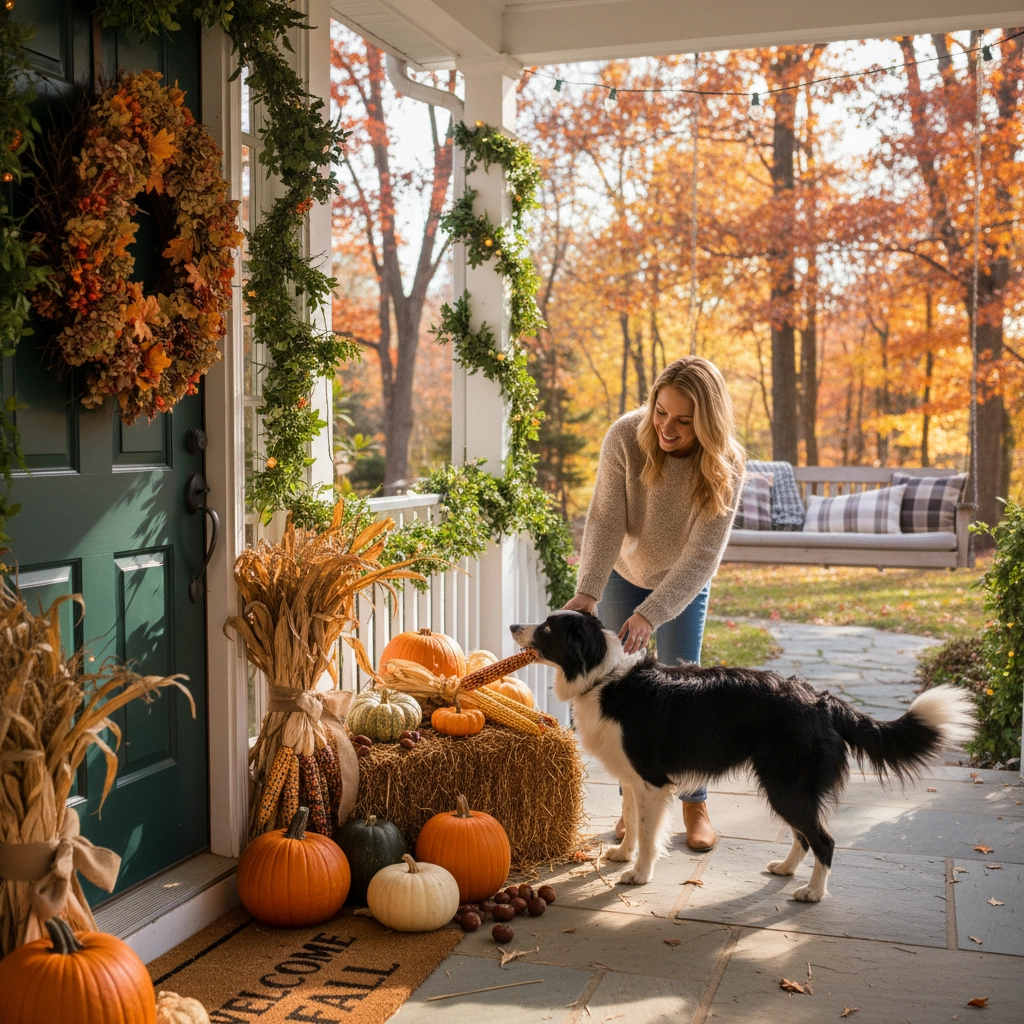 Are You Making These 5 Common Fall Pet Safety Mistakes? (Toxic Mushrooms, Temperature Drops & More) Family preparing fall decorations on their porch in Mooresville while keeping their playful border collie safely away from small decorative items and corn cobs that could pose choking hazards