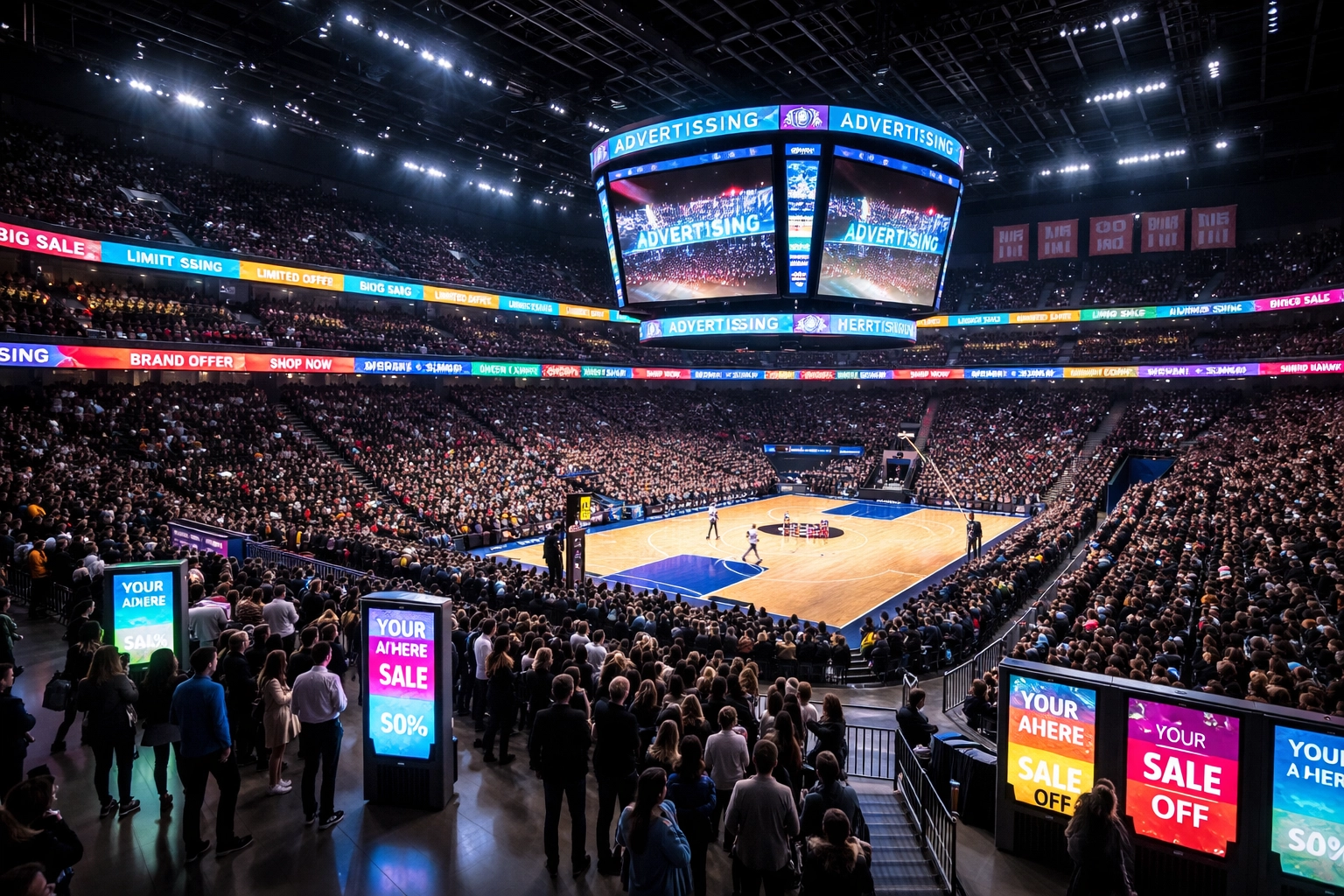 Modern sports arena featuring integrated digital advertising displays and LED screens for multi-venue campaigns