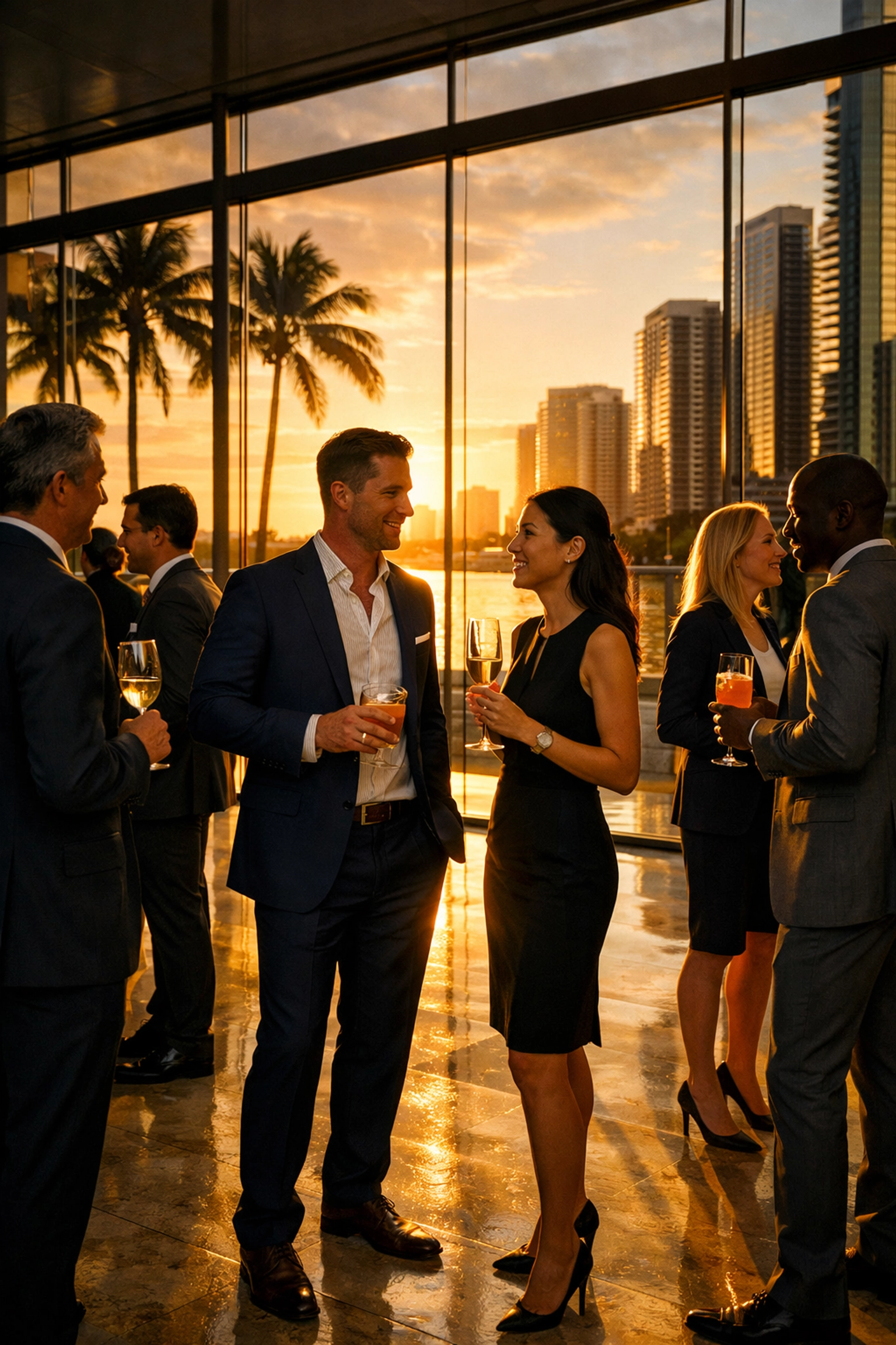 Miami event photographer captures a corporate cocktail reception at sunset with skyline views.