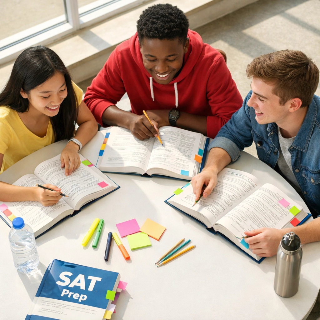 Students collaborating on SAT reading evidence practice questions