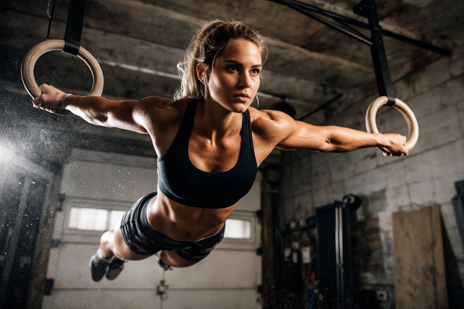 Female athlete performing iron cross on gymnastic rings in a dedicated garage gym, illustrating advanced calisthenics equipment for home