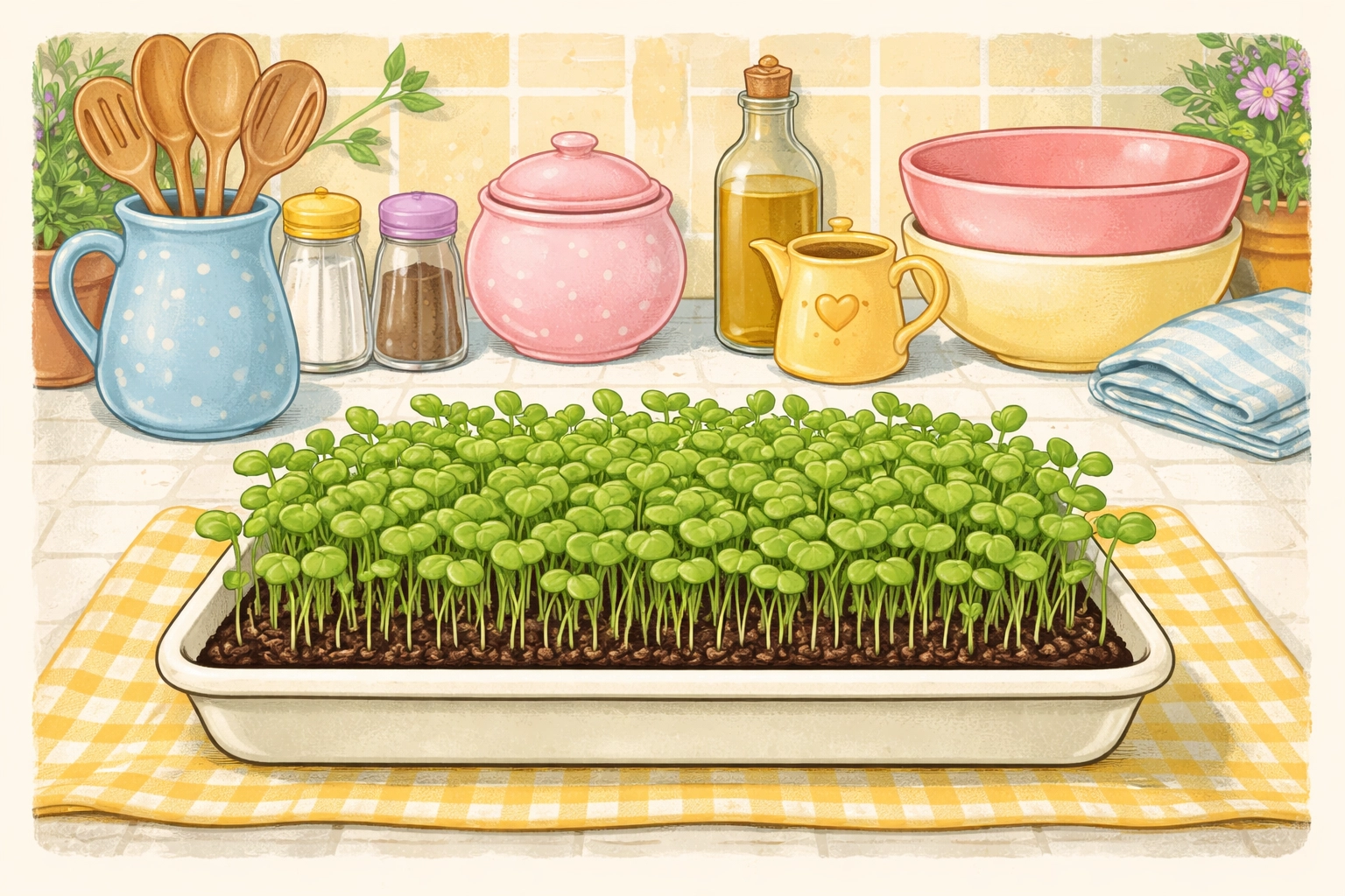 Microgreens with small green leaves opened in a dense tray on a whimsical kitchen counter, vintage 1950s storybook style