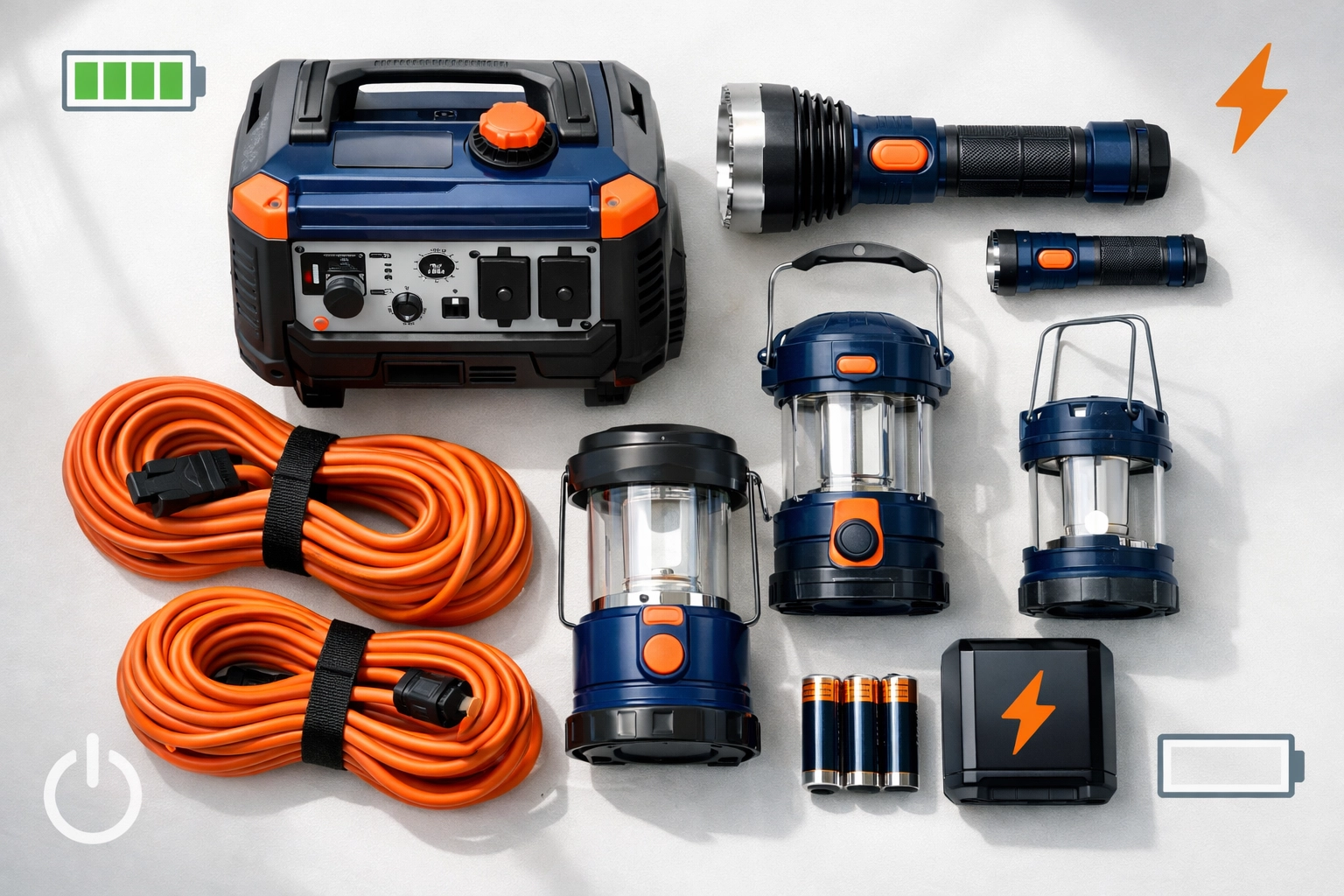 Emergency preparedness kit with generator, flashlights, and camping lanterns for power outages