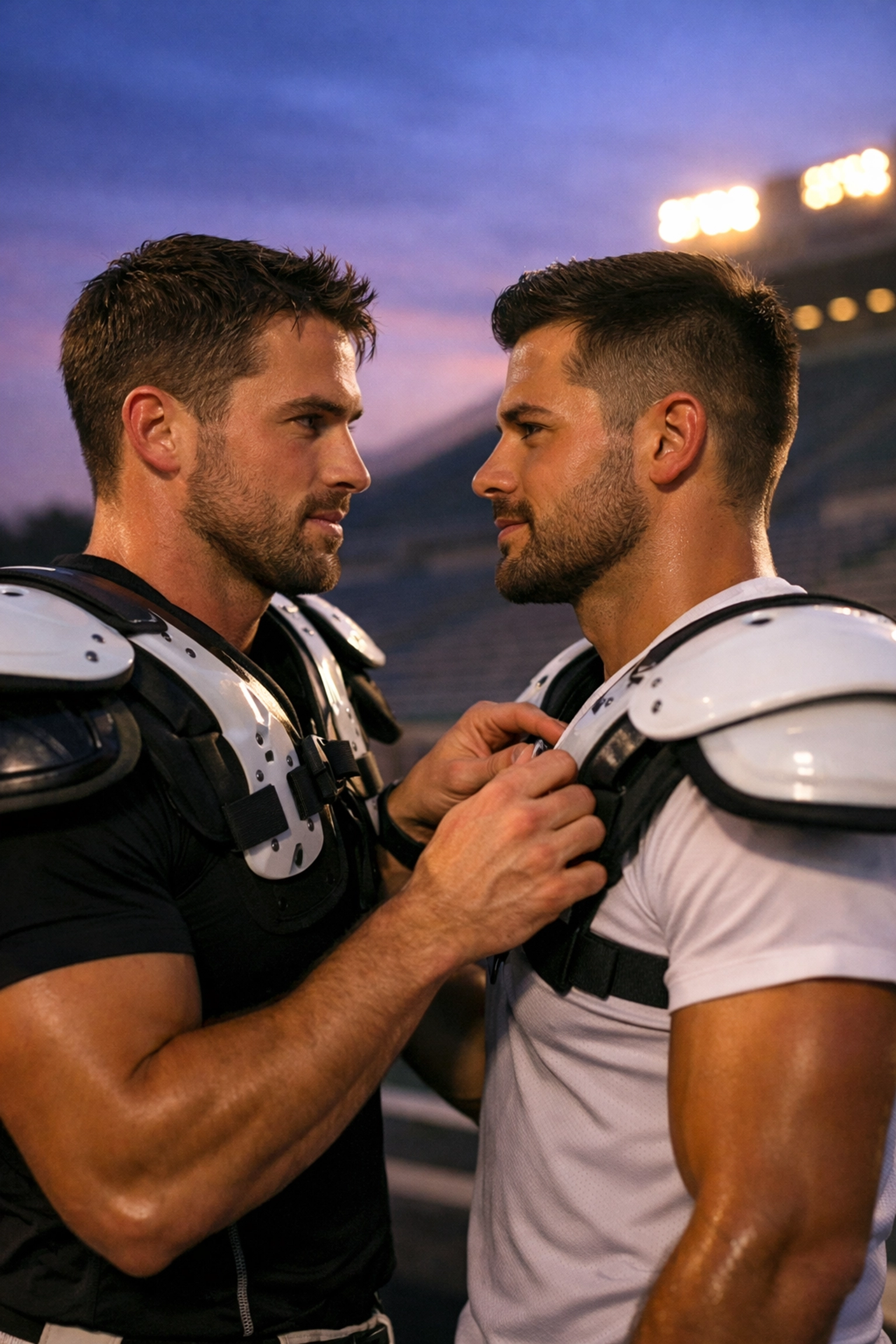 Gay male athletes supporting each other on football field sideline