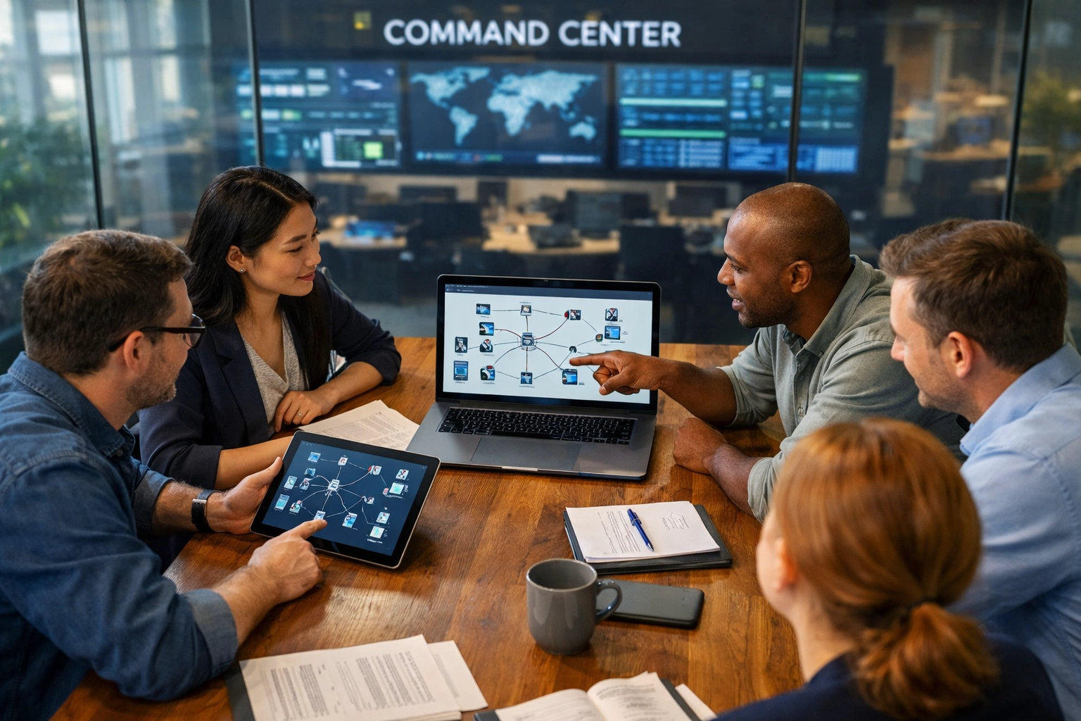 ServiceNow implementation partner team reviewing ITOM network maps to improve operational resilience and MTTR.