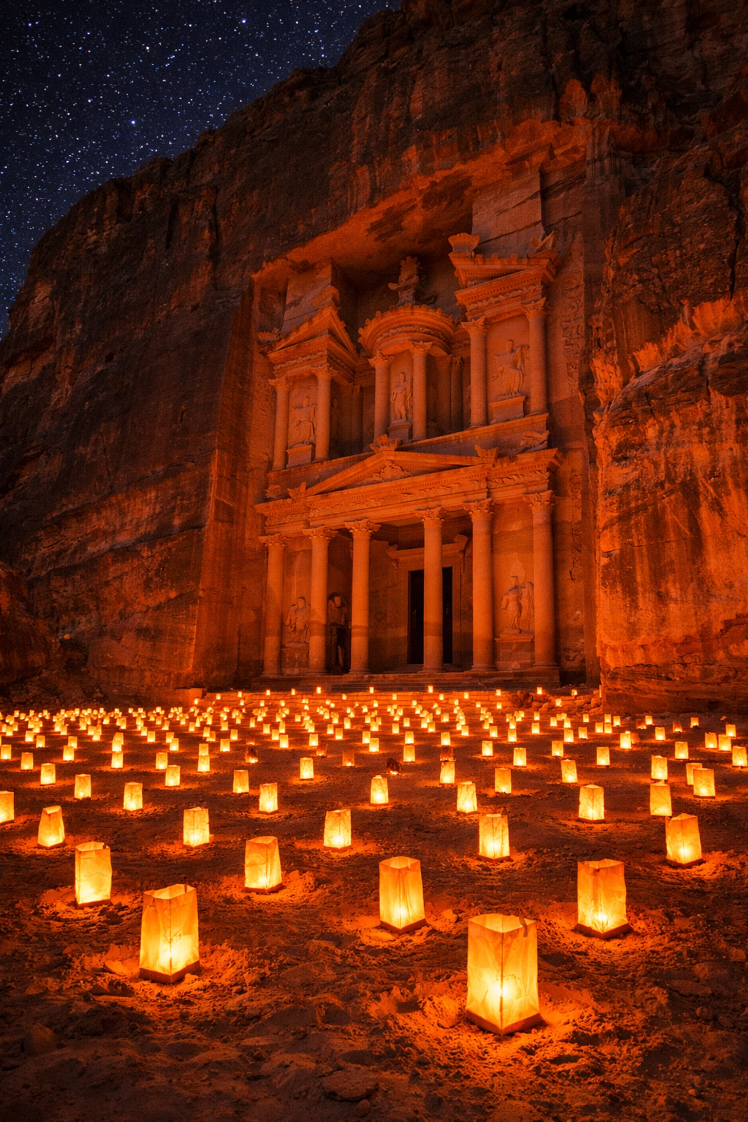 The Treasury in Petra lit by candles, a top pick for instagrammable places and desert night photography.