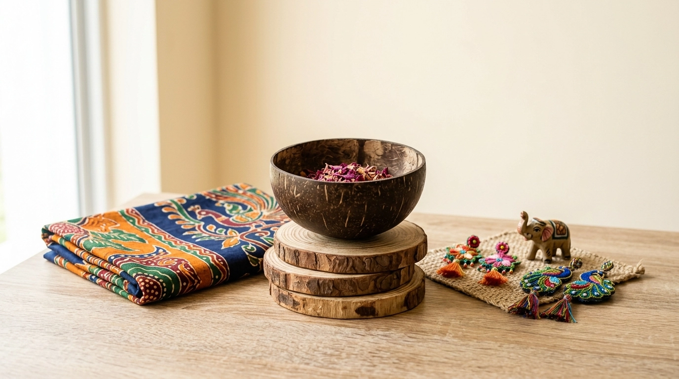 A curated collection of Sri Lankan handmade gifts including batik, coasters, and coconut shell items