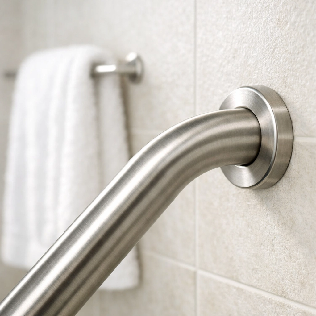 Modern brushed-nickel bathroom grab bar securely mounted on tile to provide support and prevent slips.