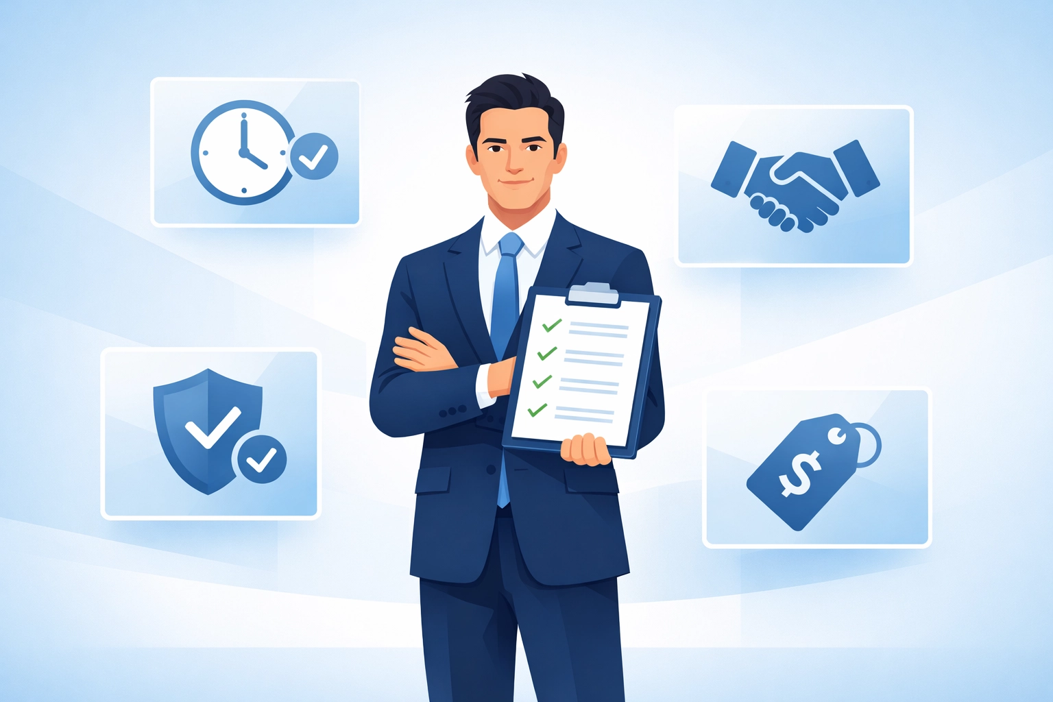 Business professional evaluating IT provider criteria including security and responsiveness