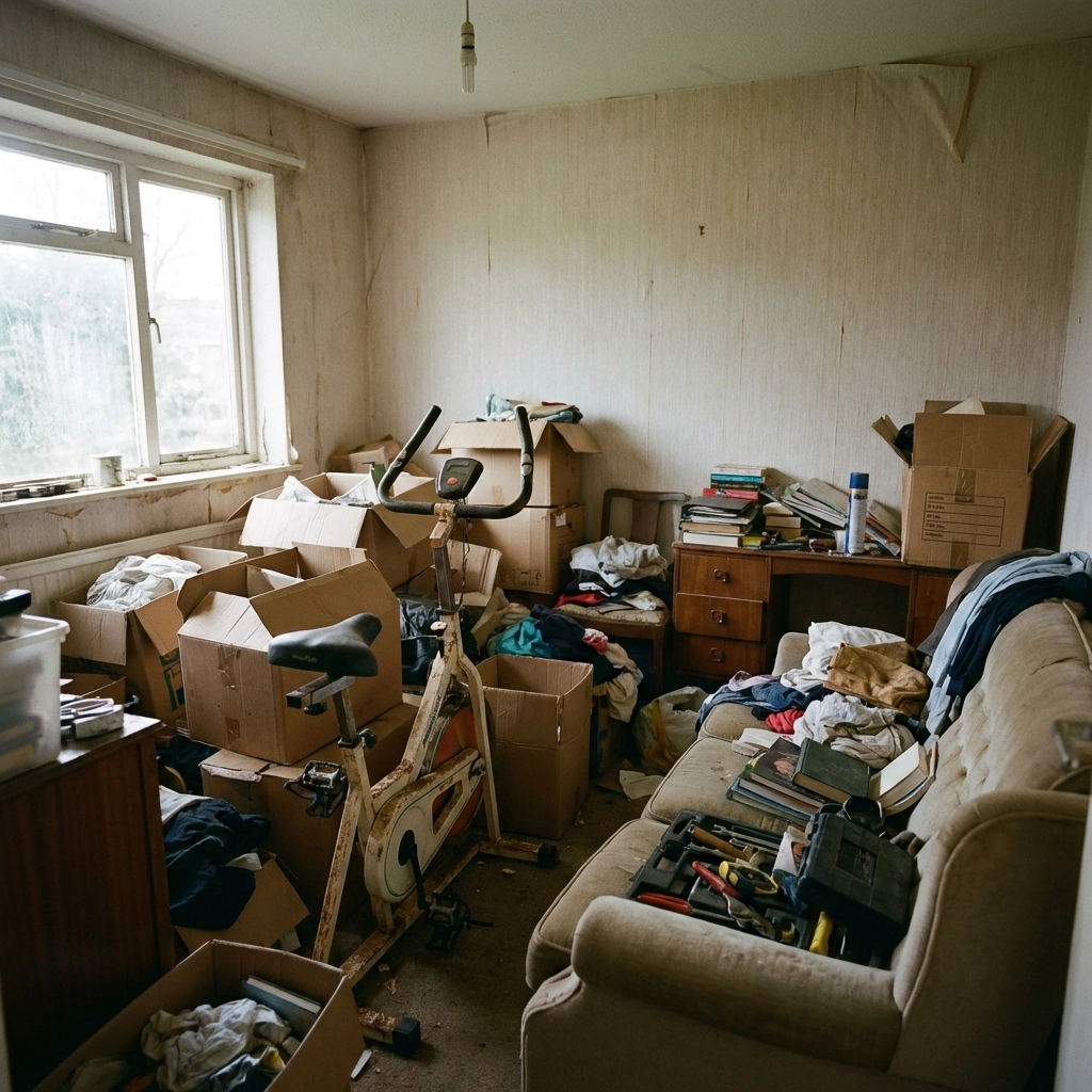 Cluttered spare room in a British home with boxes and old furniture showing need for home junk removal services